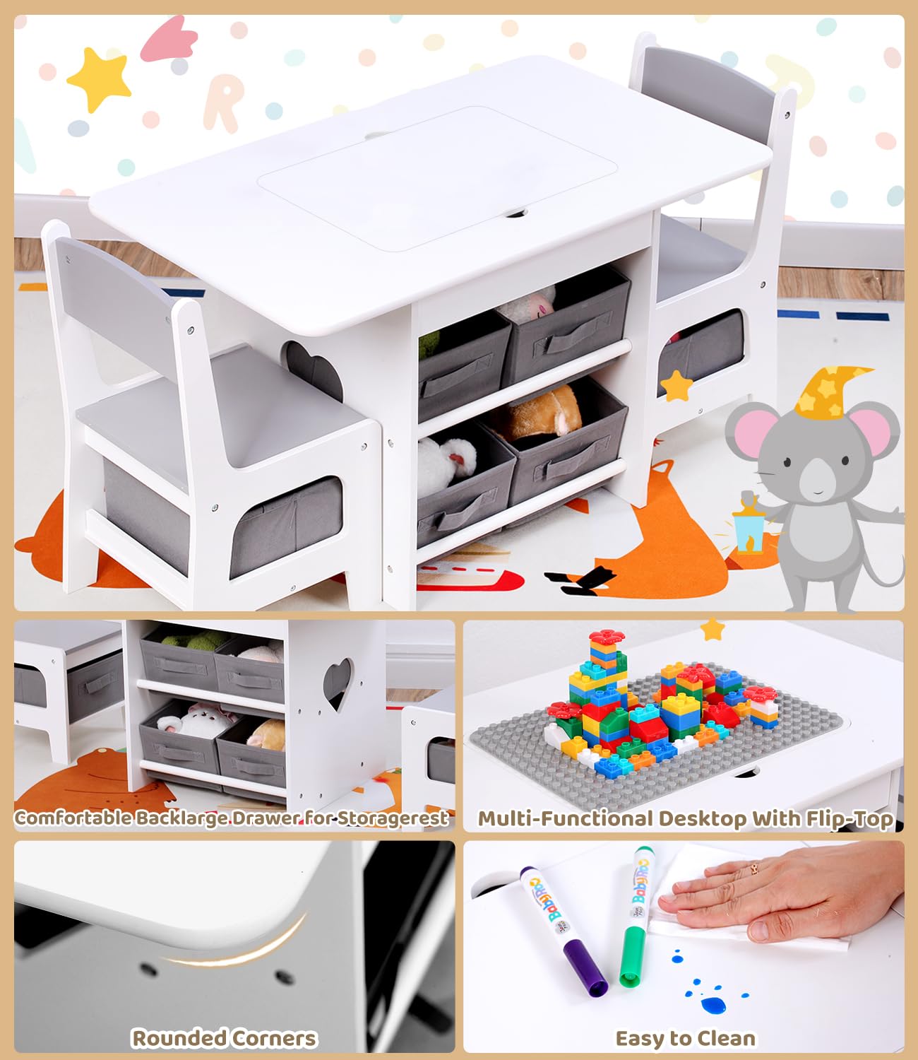 Kids Table and Chair Set with Storage Bins