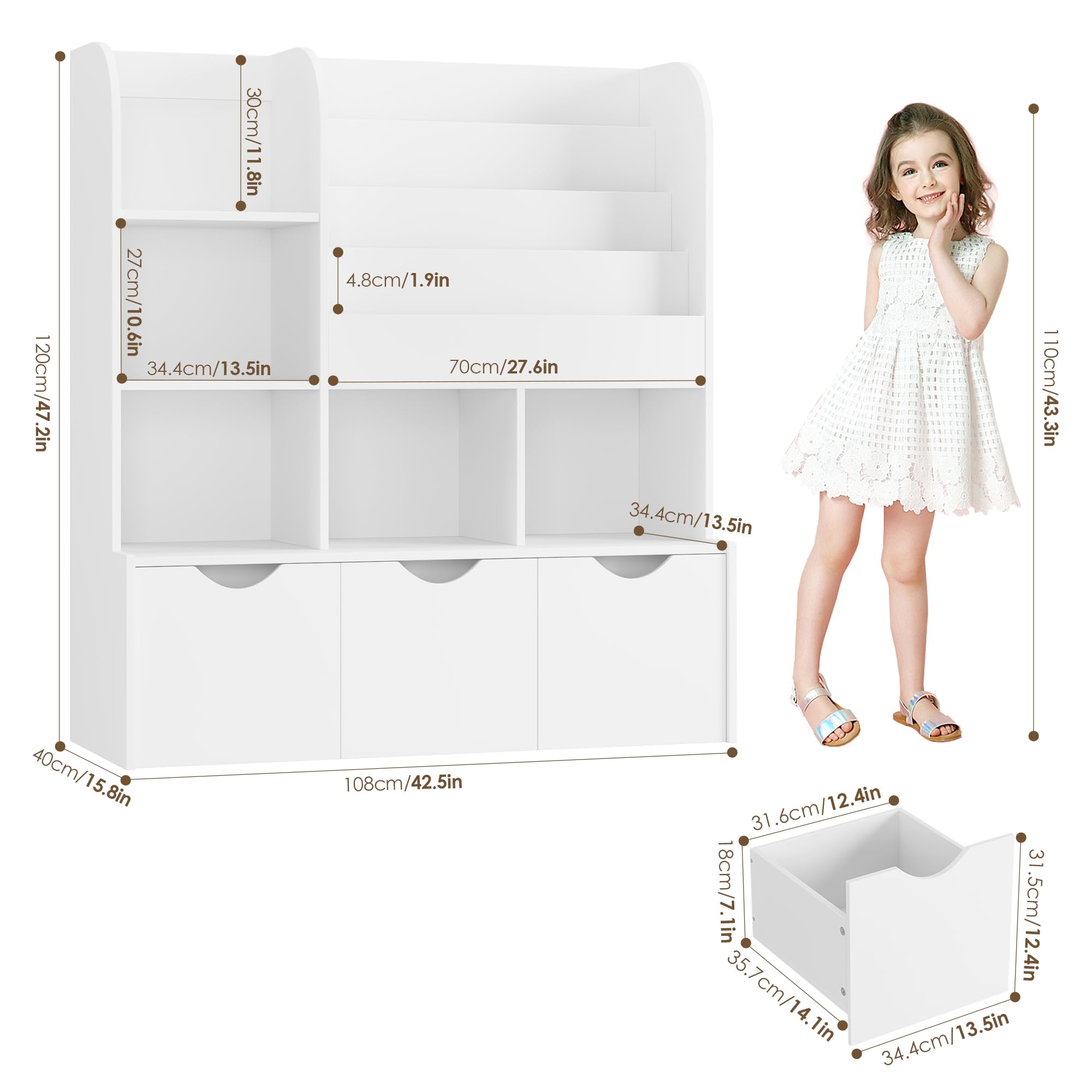 Kids Bookcase with Storage Cubbies and Drawers