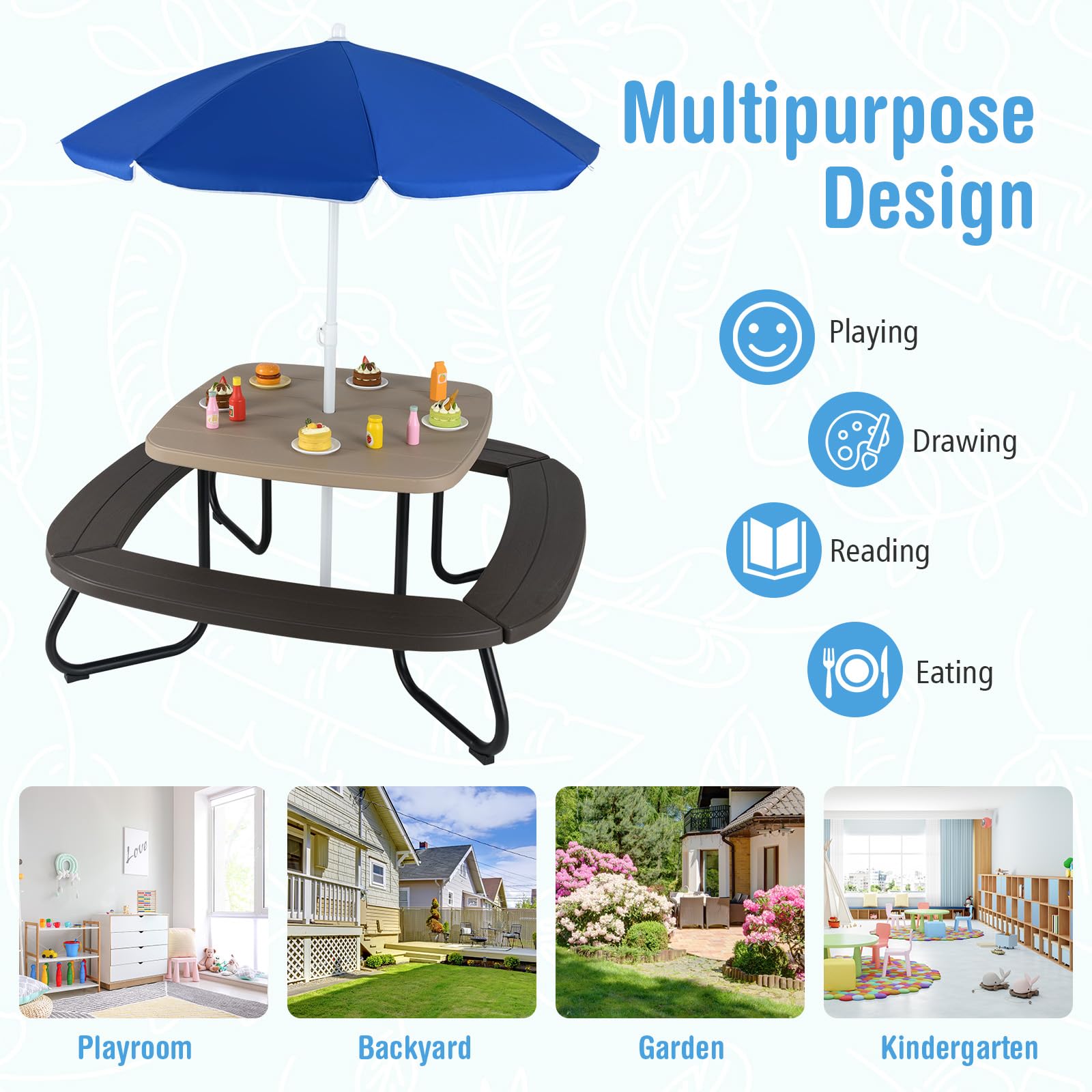 Kids Picnic Table with Umbrella - 8 Person Outdoor Set