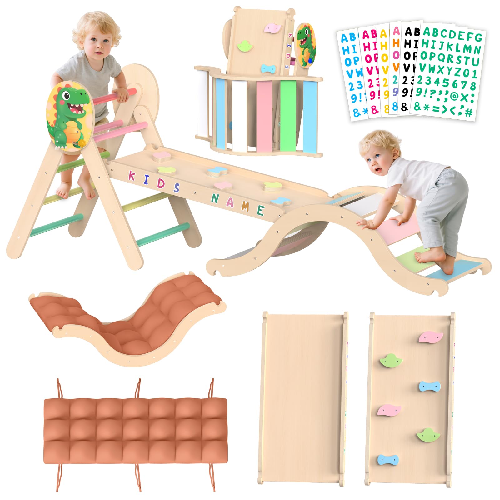 Dinosaur Pikler Triangle Climbing Set with Arch Ramp and Cushion