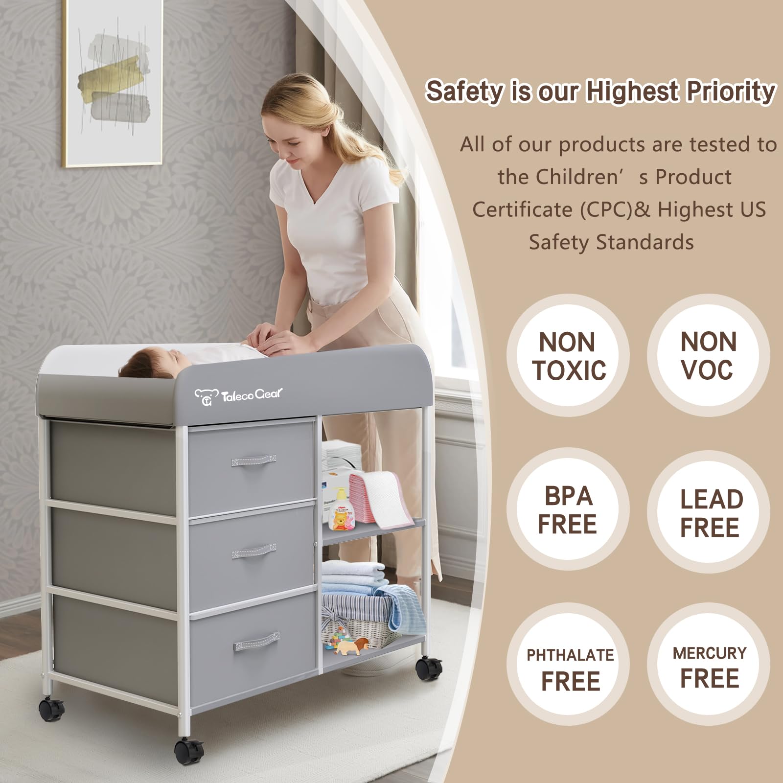 Portable Baby Changing Table with Wheels and Storage Baskets