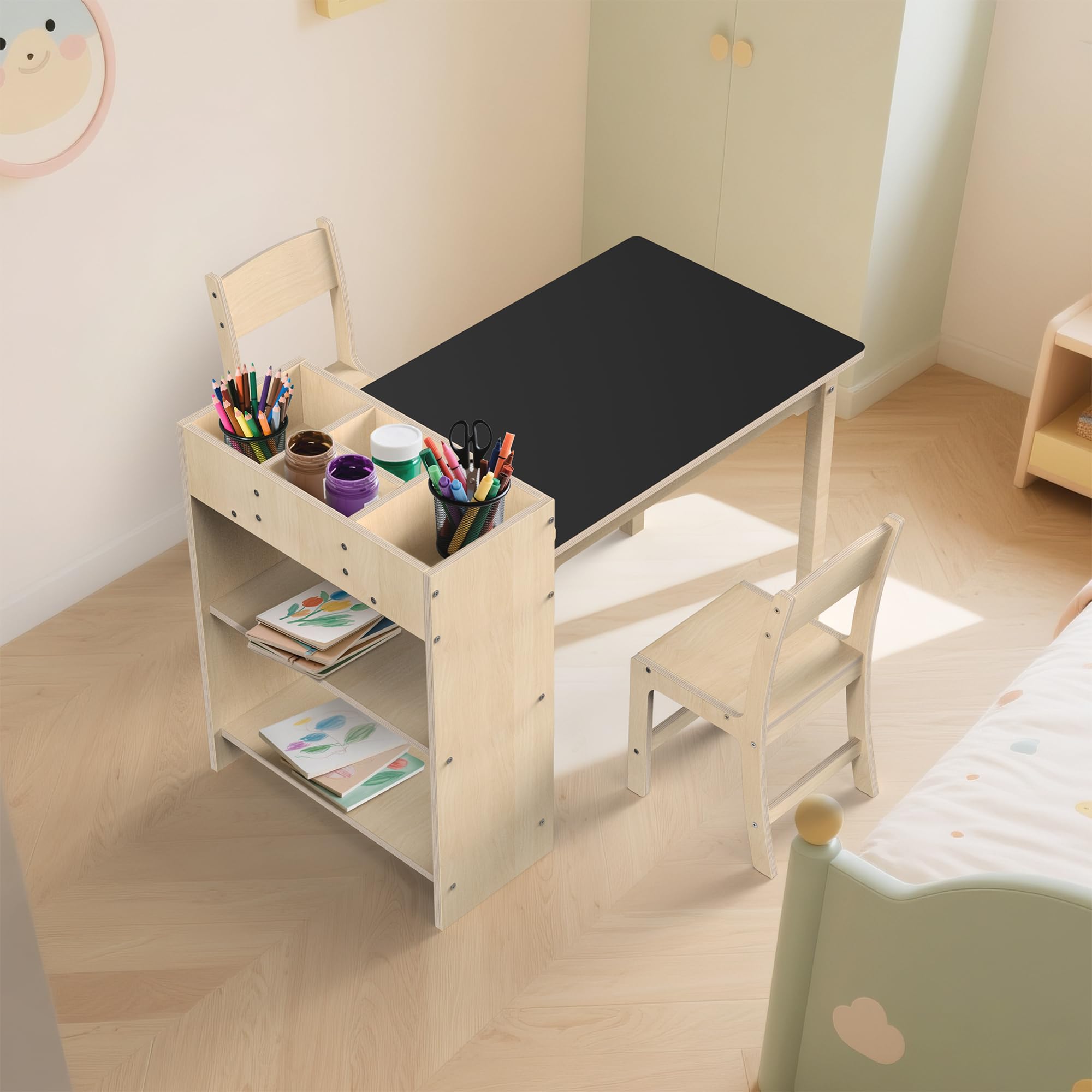 Beech Wood Kids Art Table and Chair Set with Storage