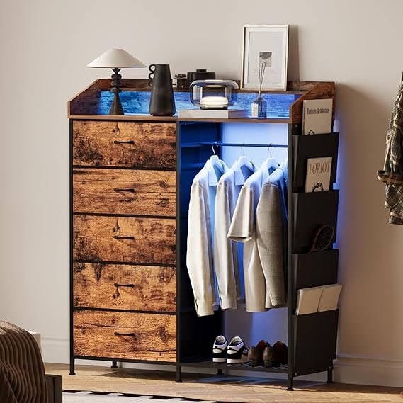 Modern 5 Dresser with LED Hanging Rack, Dresser with Clothes Rack