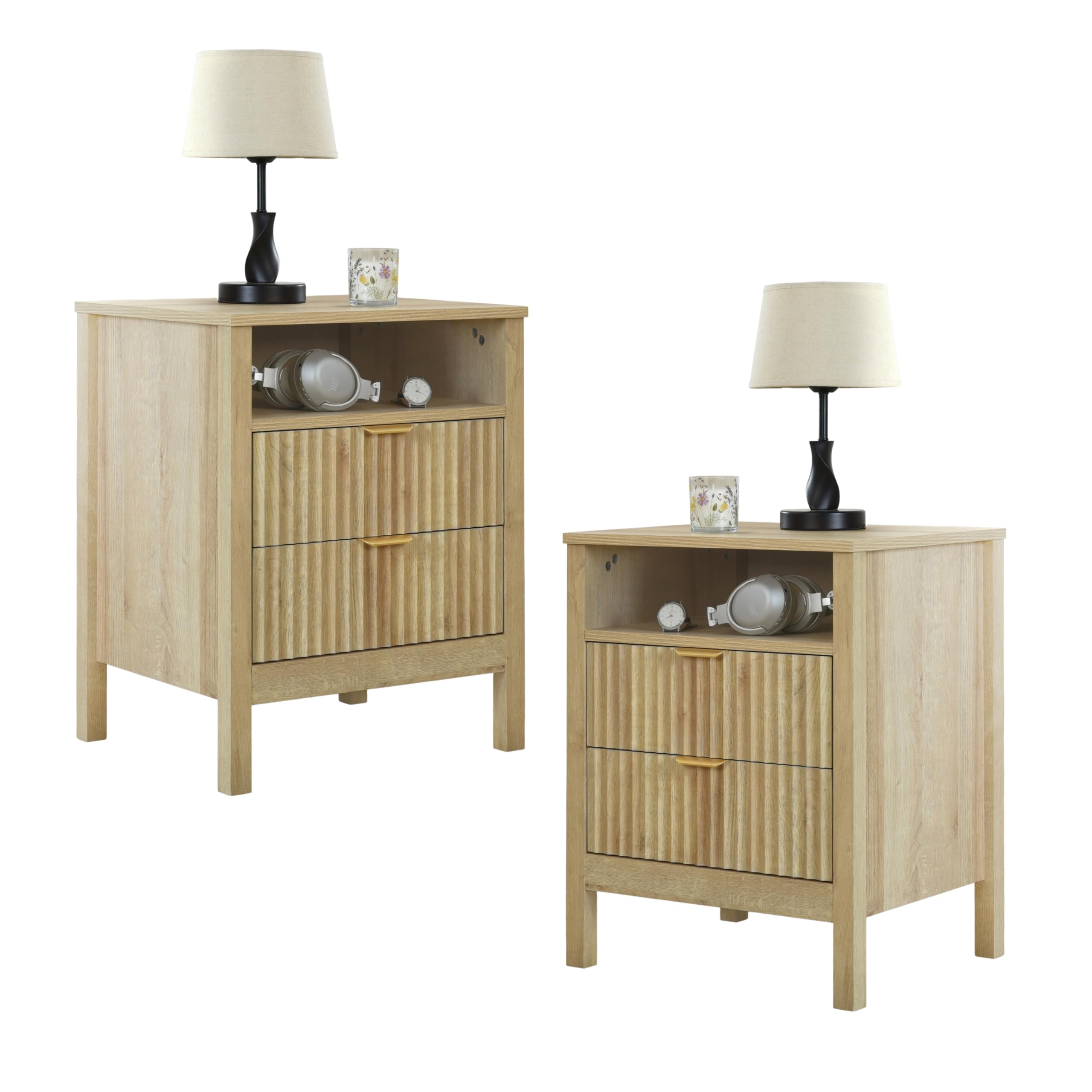 Fluted 2-Drawer Nightstand Set of 2 with Storage