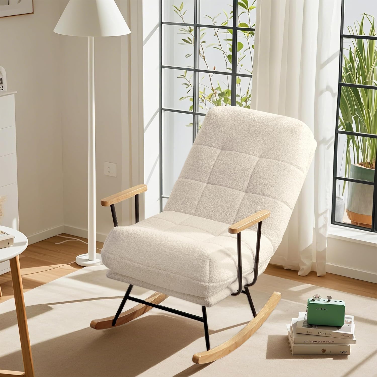 Oversized Teddy Fabric Nursery Rocking Chair with High Backrest