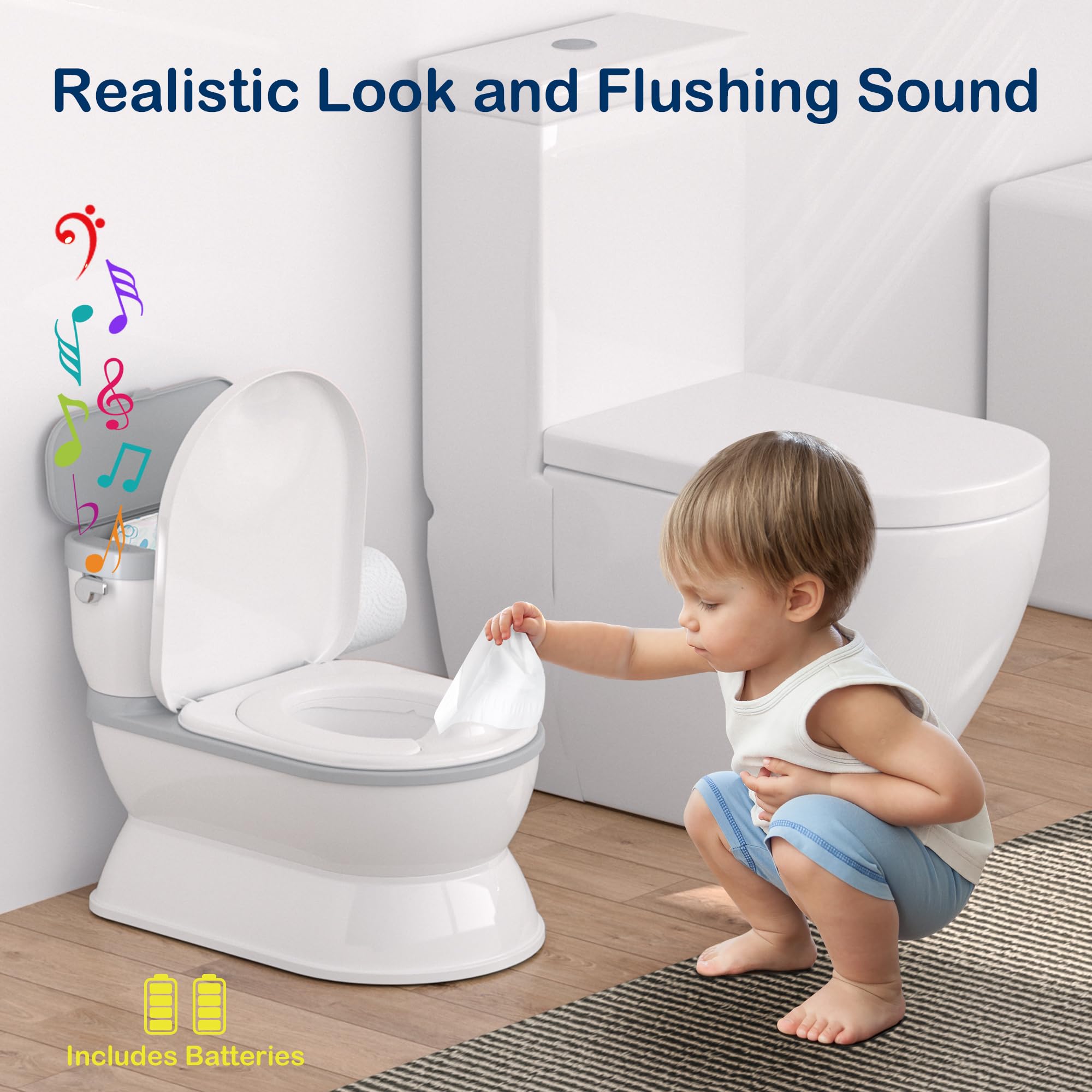 CheerTry 2-in-1 Toddler Potty Training Toilet - Larger Potty Chair & Detachable Training Seat for Boys & Girls Ages 1-3 with Flushing Sound, Wipes Storage, Toilet Paper Holder - Grey