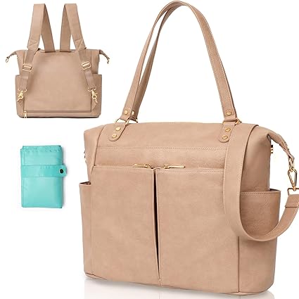 Diaper Bag Tote, 4 in 1 Leather Diaper Bag Backpack with 14 Pockets