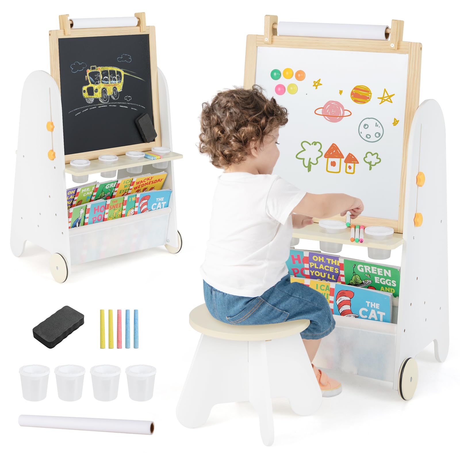 4-in-1 Kids Art Easel with Magnetic Whiteboard and Chalkboard