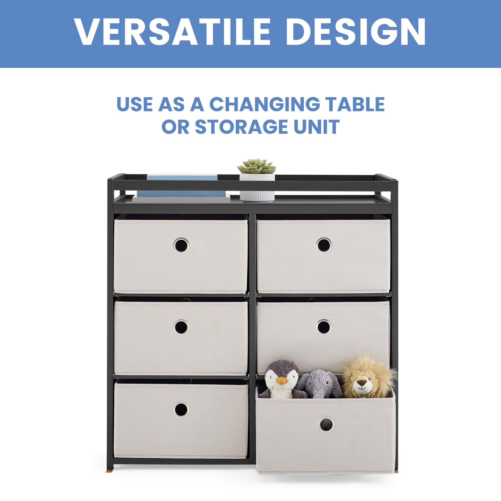 Changing Table with Fabric Storage Bins and Shelves