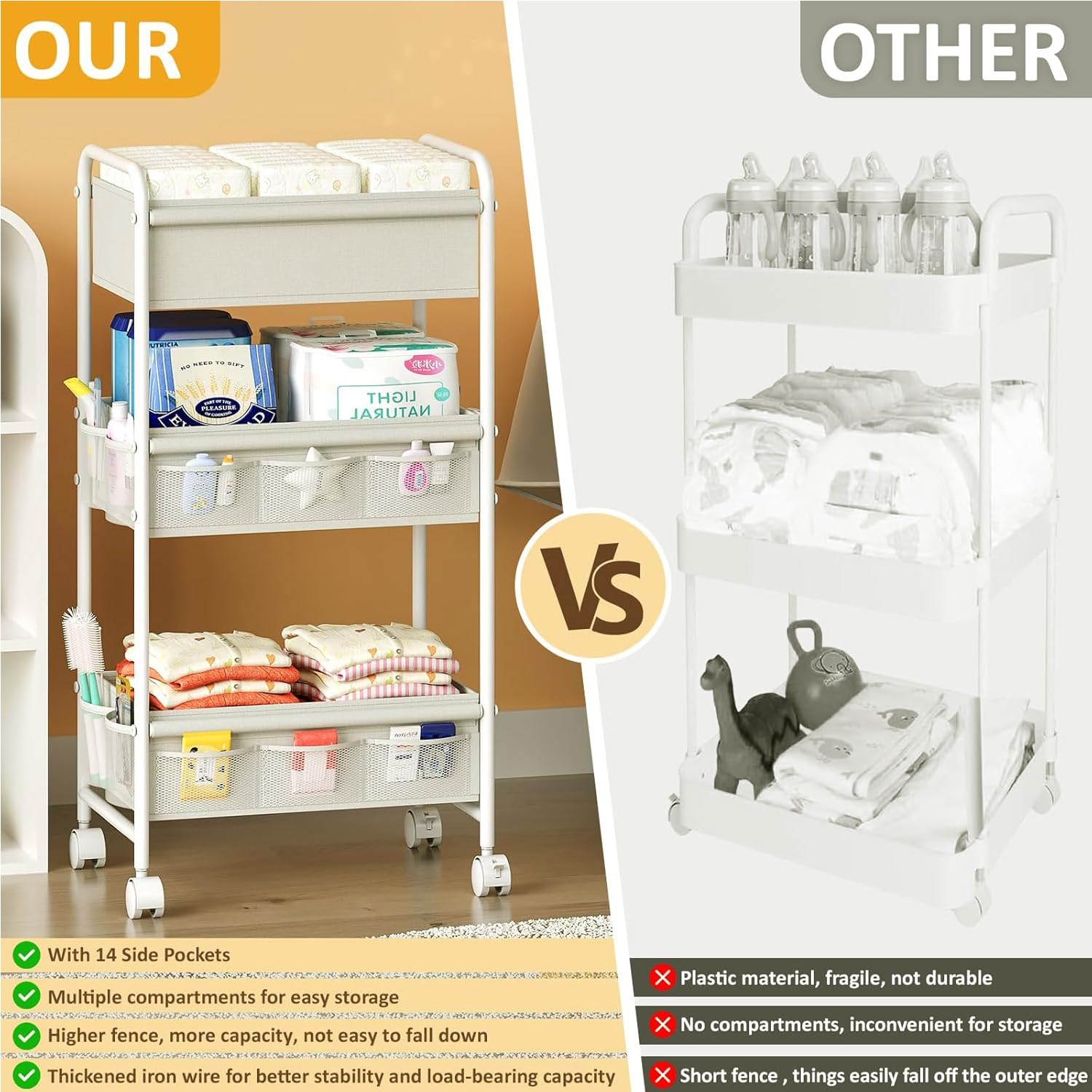 3-Tier Baby Diaper Caddy Cart Organizer with Wheels