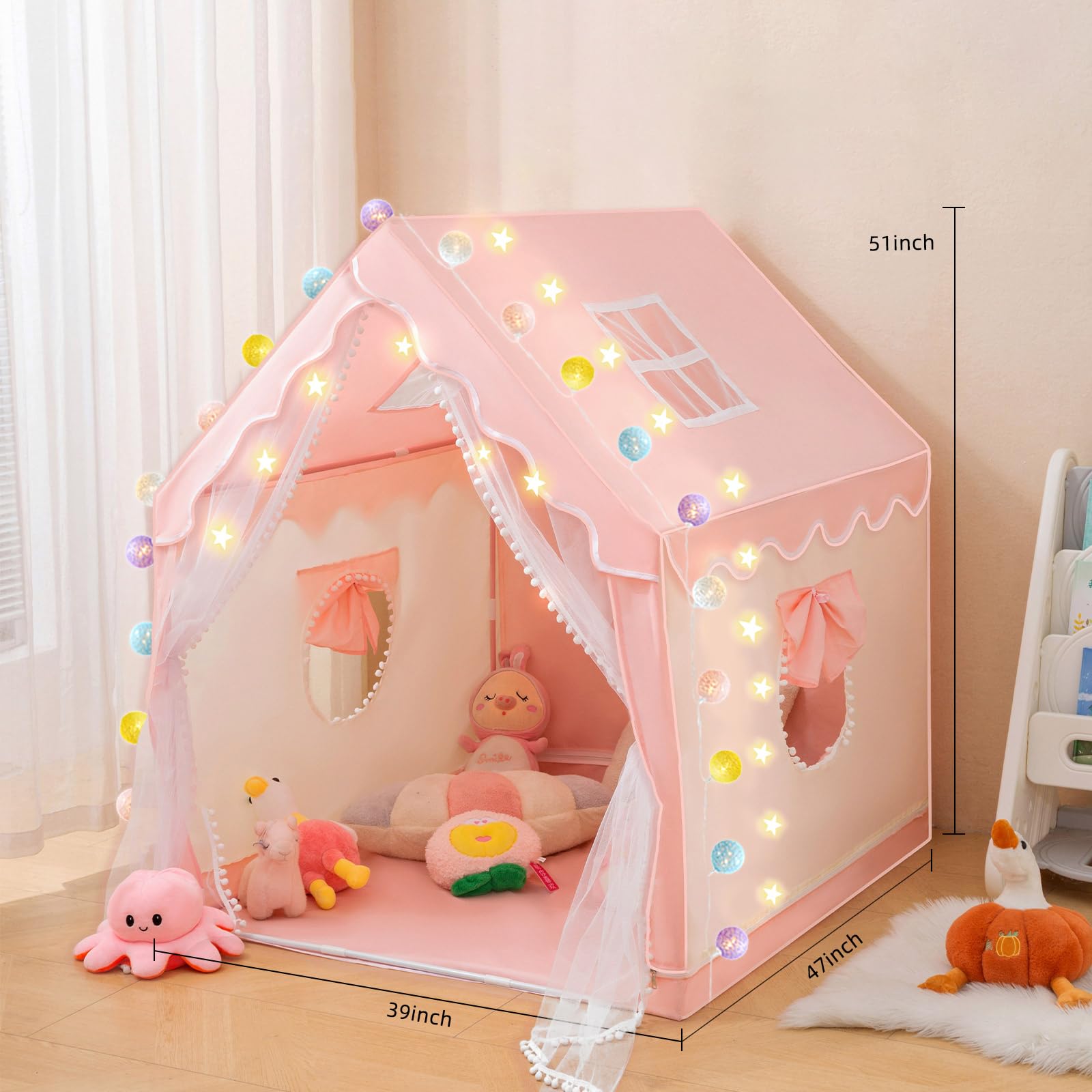 Princess Play Tent for Kids with Ball Lights- Pink Fantasy Castle Playhouse Indoor & Outdoor, Easy Setup & Foldable, Durable Toddler Toy Gift for Girls Ages 3-8 47x 51x 39 inches