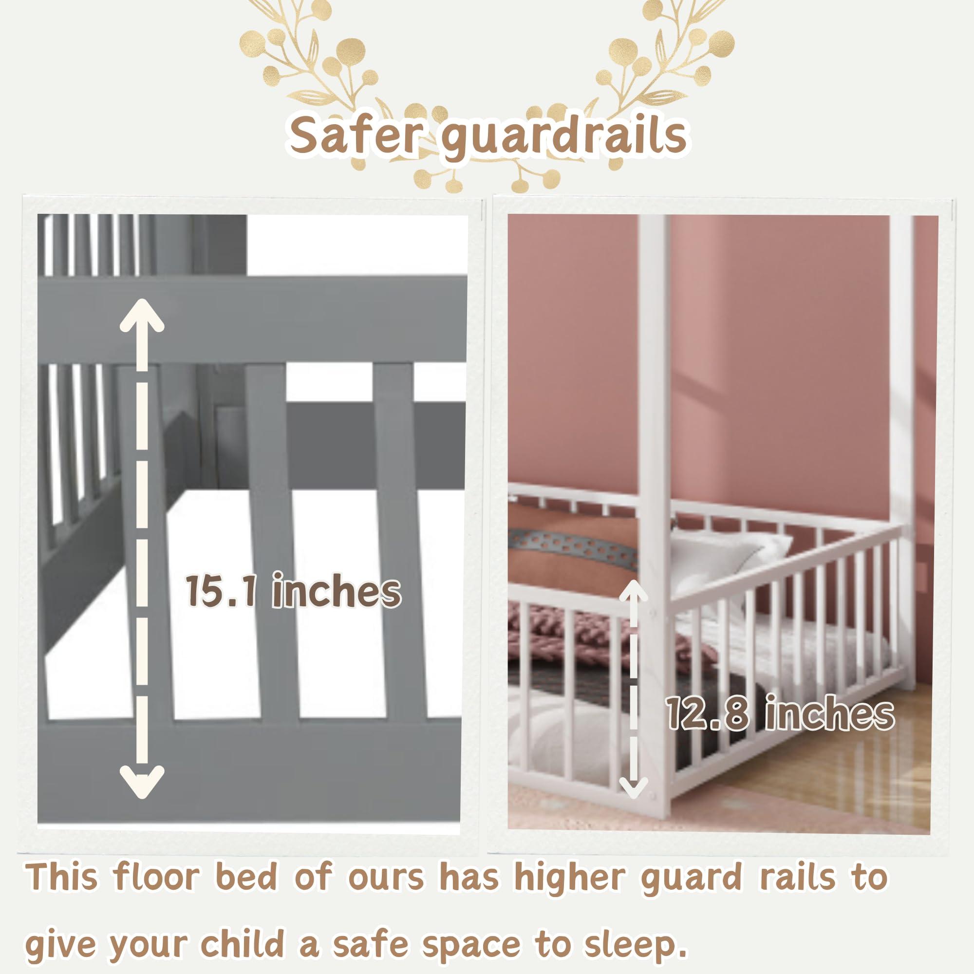 Twin Floor Bed with Storage and Safety Rails for Kids