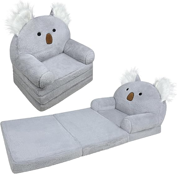 Toddler Chair with Faux Rabbit Fur – 2-in-1 Foldable Kids Couch, Soft Sofa for Reading