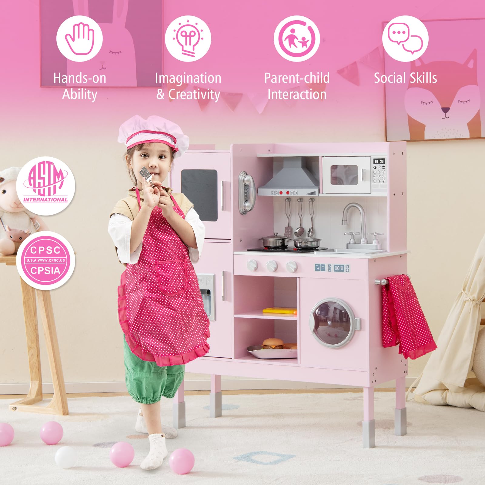 Wooden Kids Kitchen Playset with Sound & Light - Adjustable Height