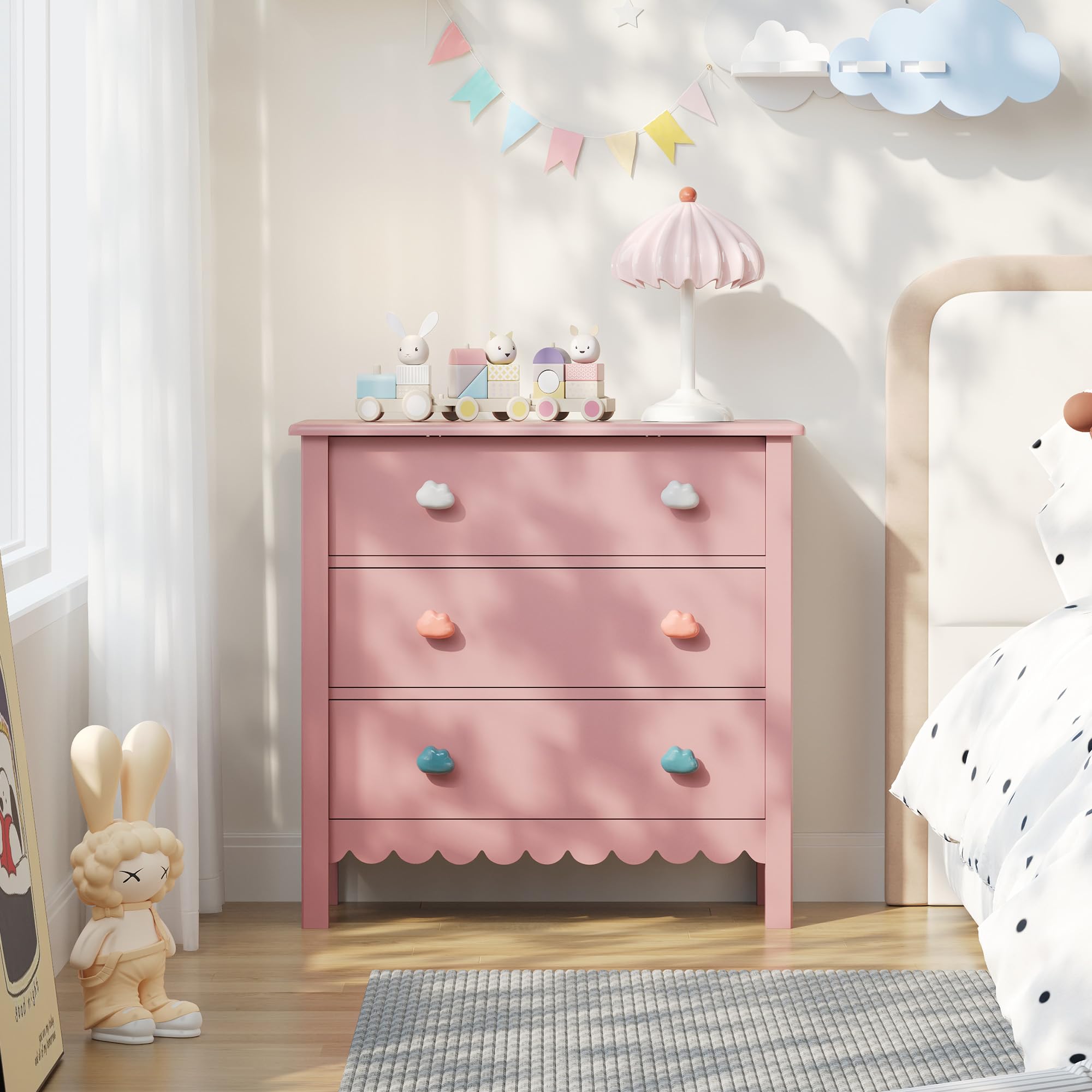 Pink Nightstand, 27.56" Wide 3 Drawer Night Stand for Bedroom