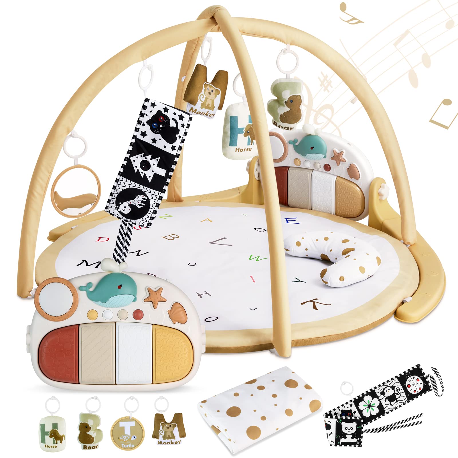 Baby Play Gym Mat, Kick Tummy Time Baby Activity Gym & Play Mat with 5 Toys