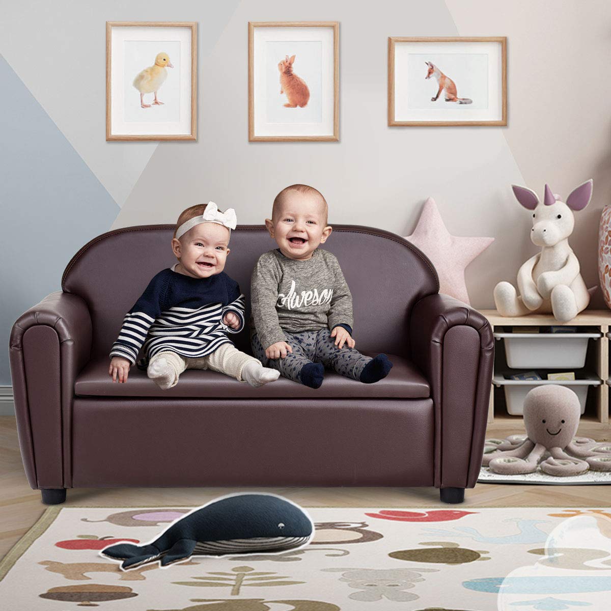 Kids Couch, 2 in 1 Double Seat Children's Sofa w/Under Seat Storage