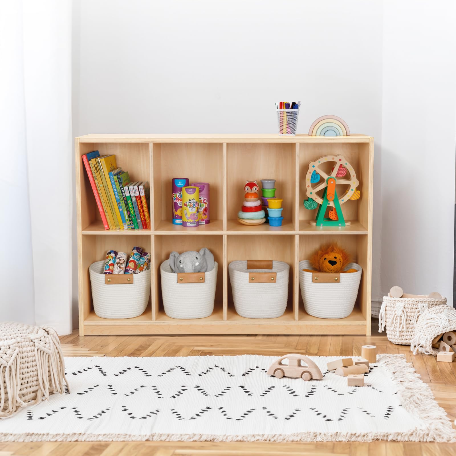 8-Compartment Backpack Wooden Storage Cabinet - Kids Toy Storage Organizer