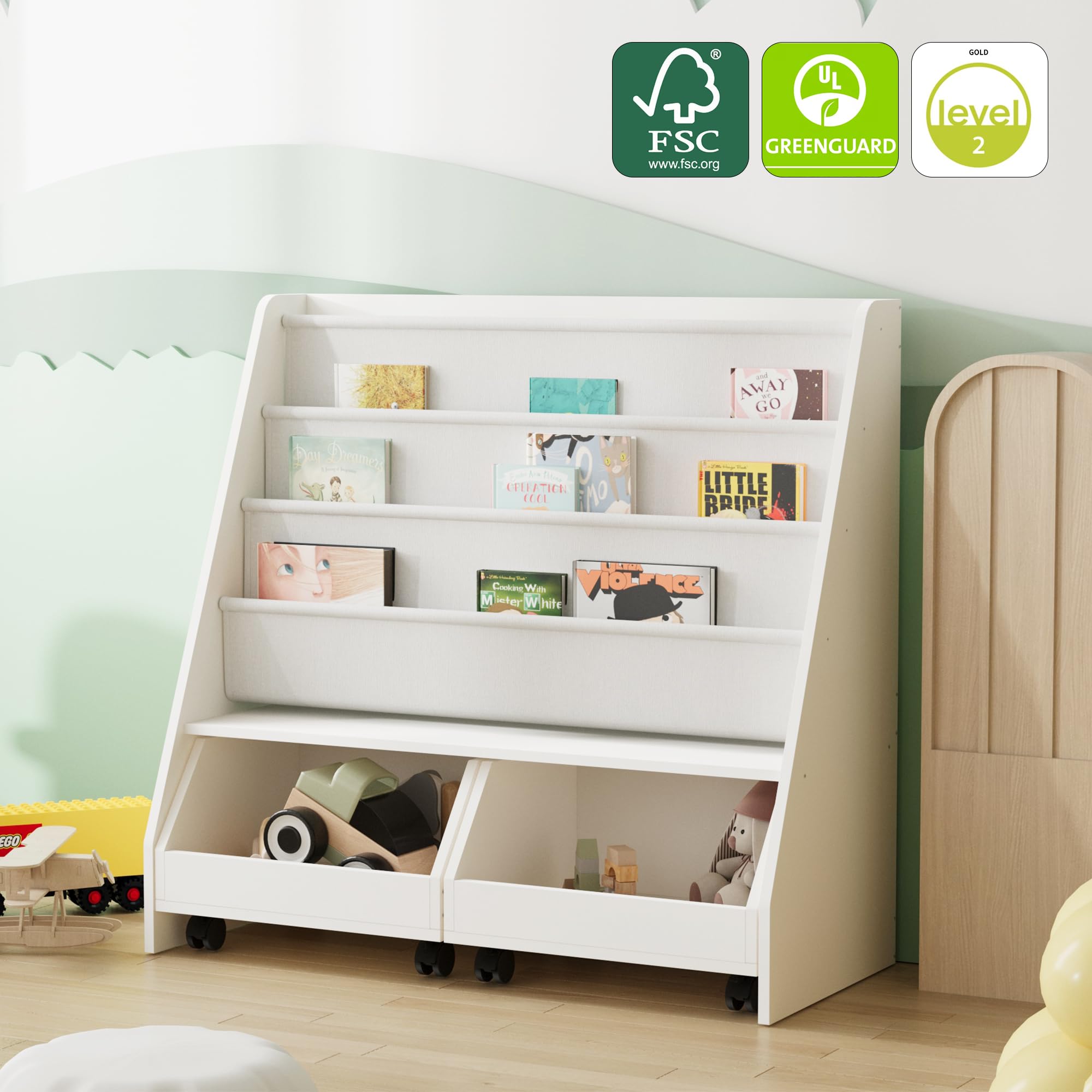 Kids Bookshelf with Storage Drawers and Sling Pockets