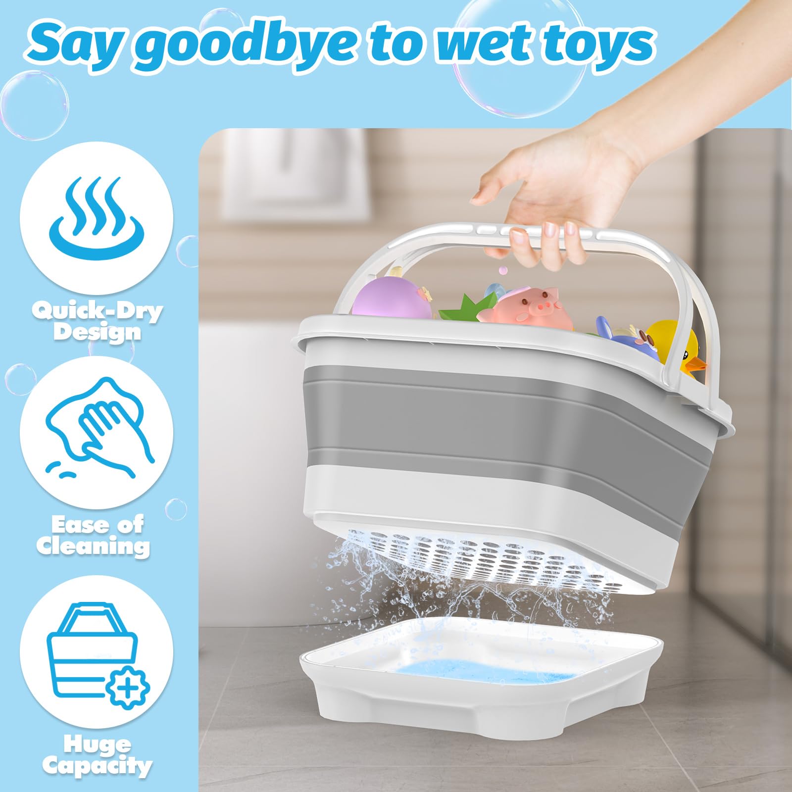 Foldable Bath Toy Storage Organizer with Drain Base Gray