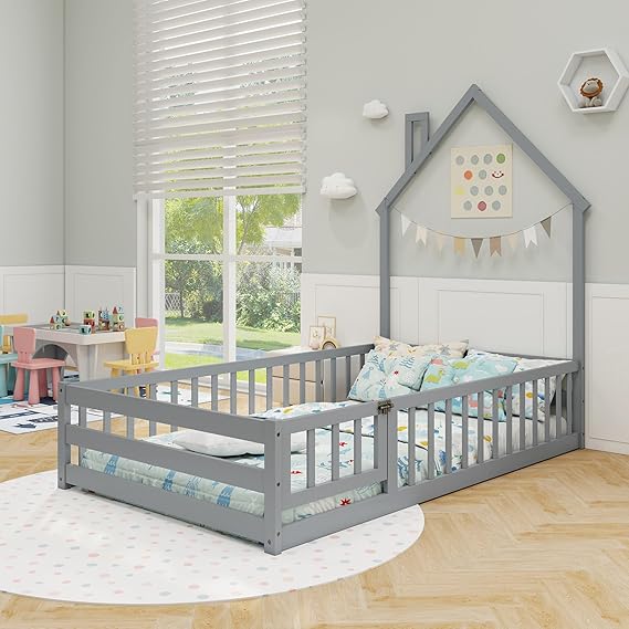 Twin Floor Bed, Montessori House Bed with Full-Length Guardrail