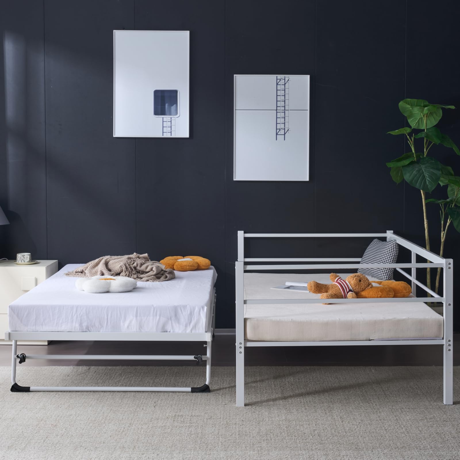 Metal Daybed with Pop Up Trundle Twin Bed Frame