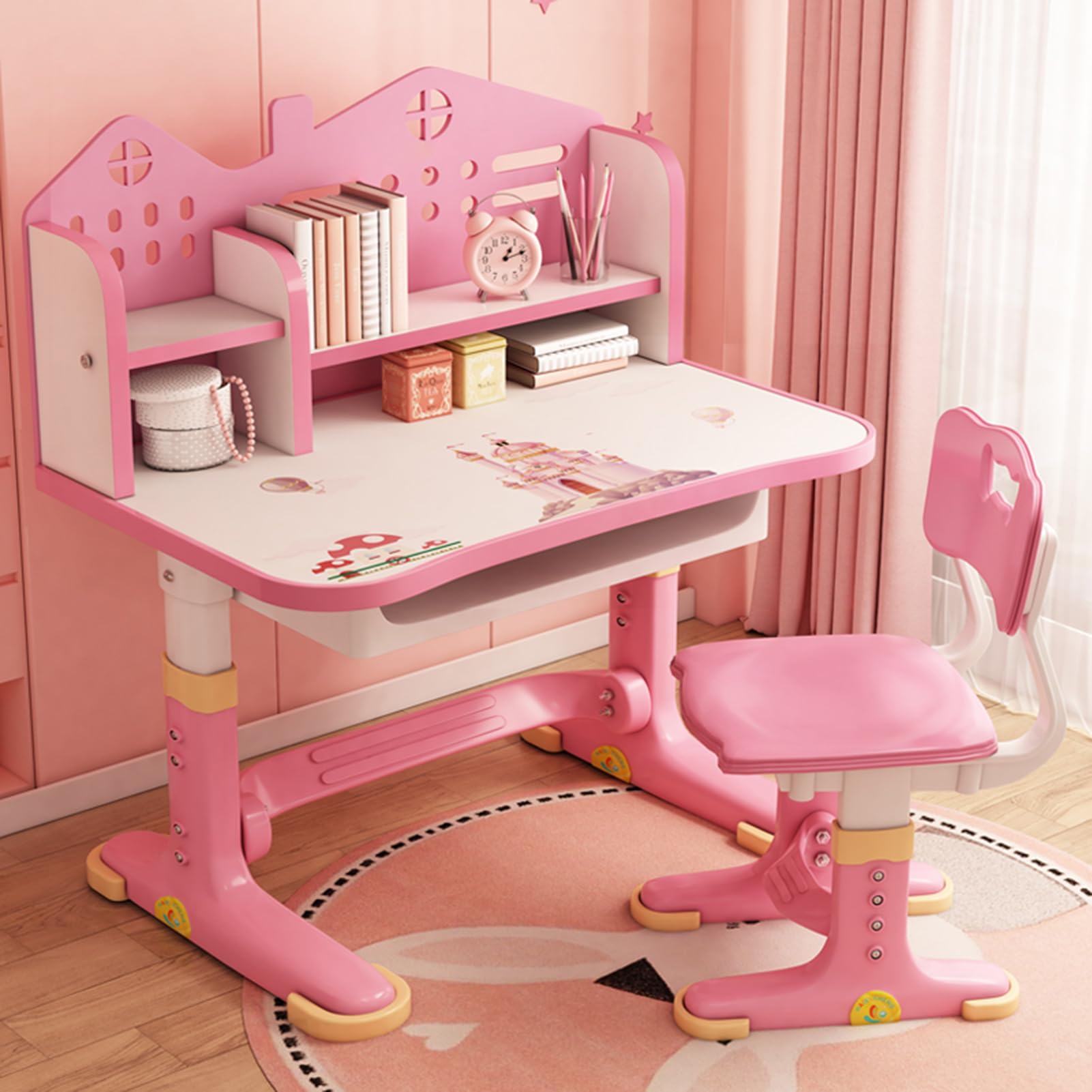 Kids Adjustable Study Desk & Chair Set w/Storage,Drawers,Bookshelf