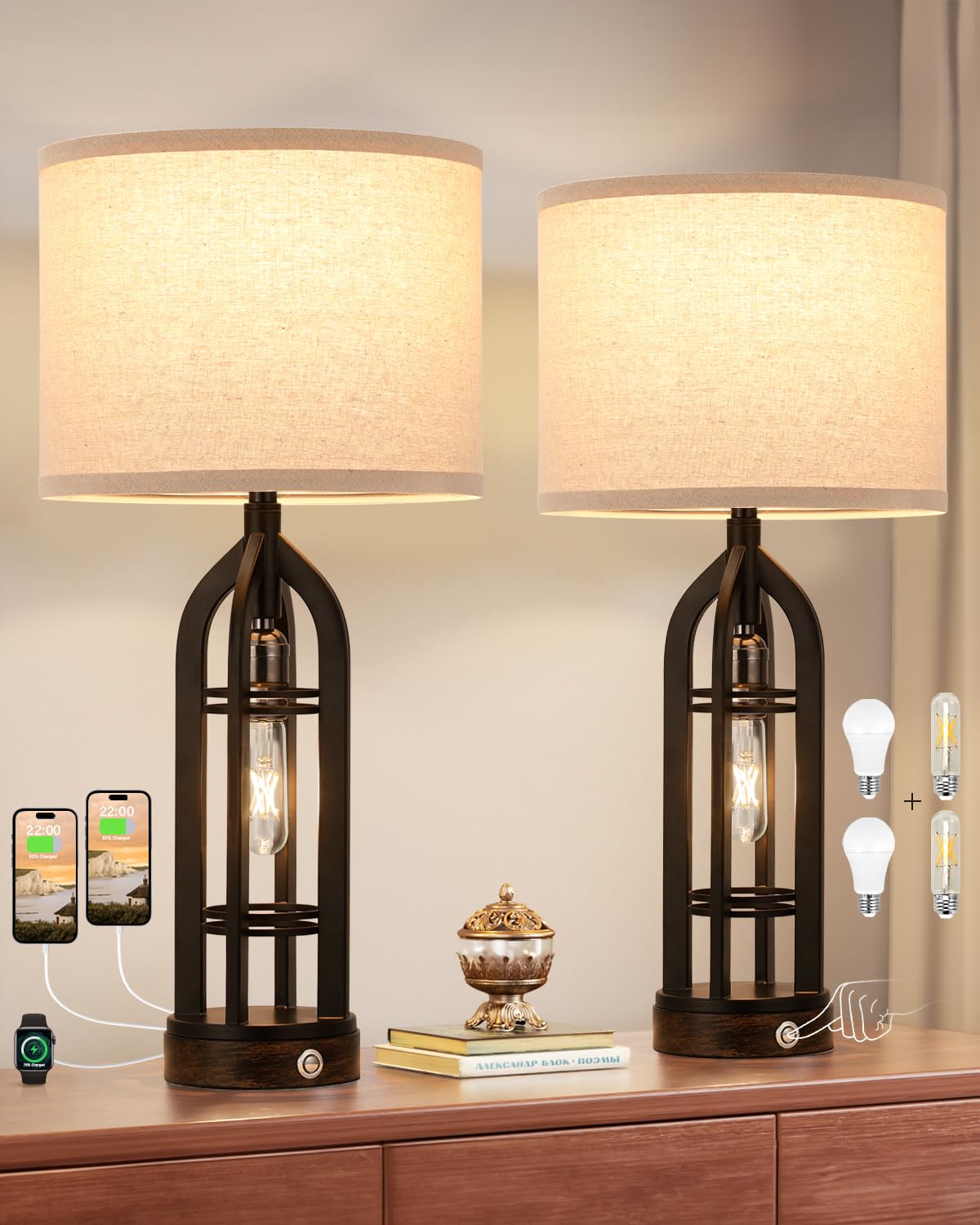 Table Lamps for Living Room Set of 2 - Black Bedside Lamp for Bedroom