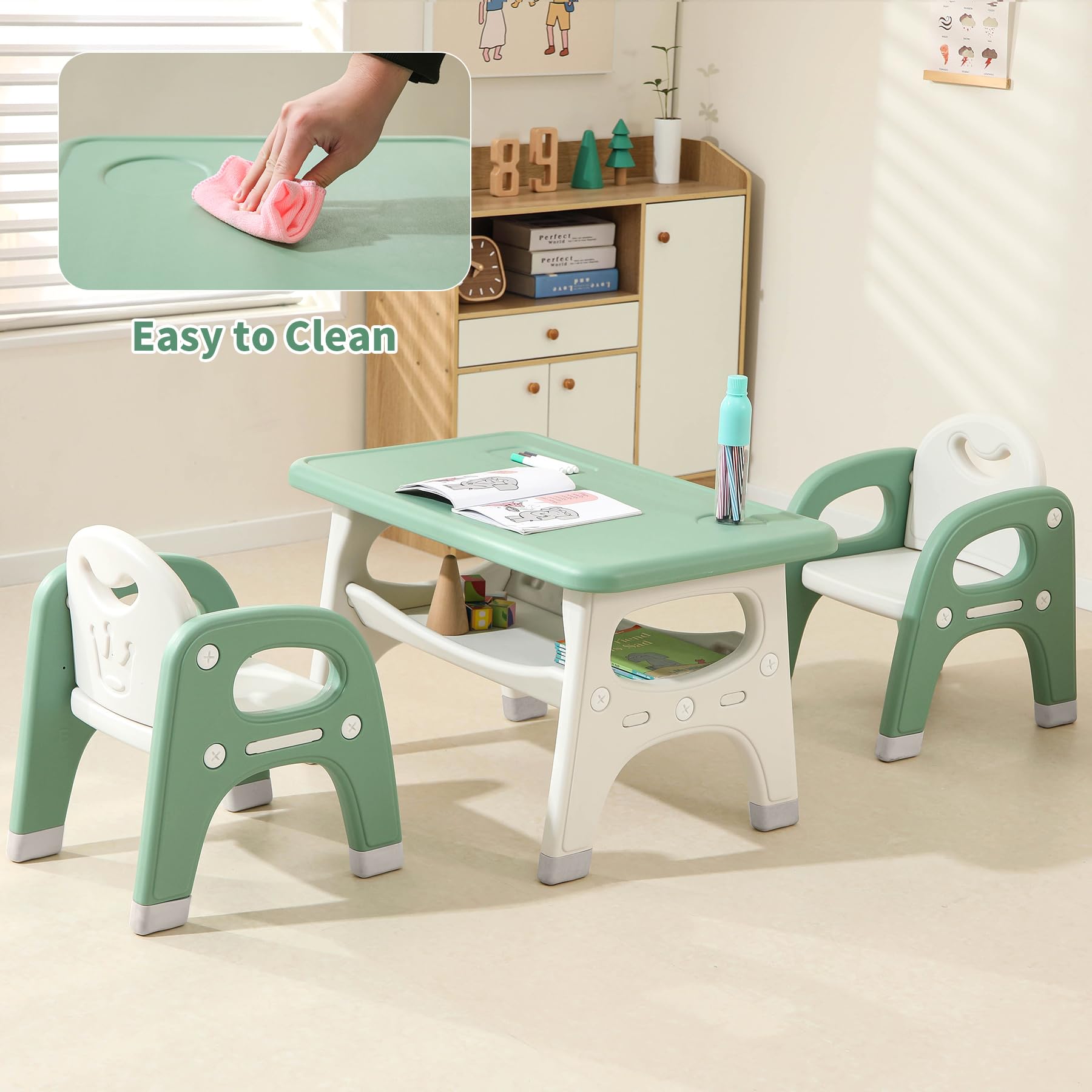 Kids Table and 2 Chairs Set, Toddlers Table and Chairs Set with Large Built-in Storage Shelf
