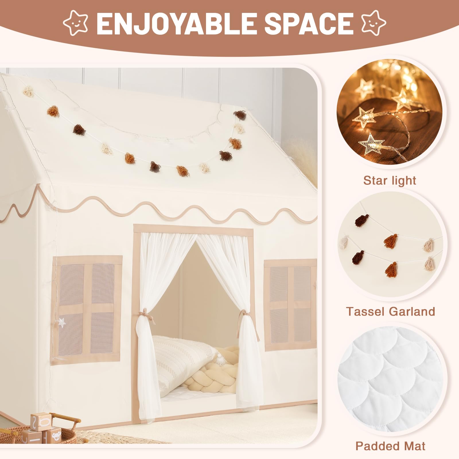 Senodeer Kids Play Tent Indoor: with Mat, Tassel Garland, Star Lights - Toddler Girl Tent Indoor Playhouse for Toddlers Kids Toys for Boy Girl Birthday Gift