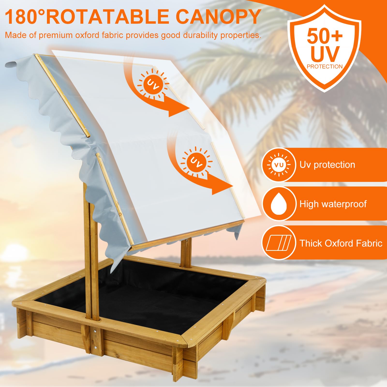 Wooden Sandbox with Adjustable Canopy Cover and Benches