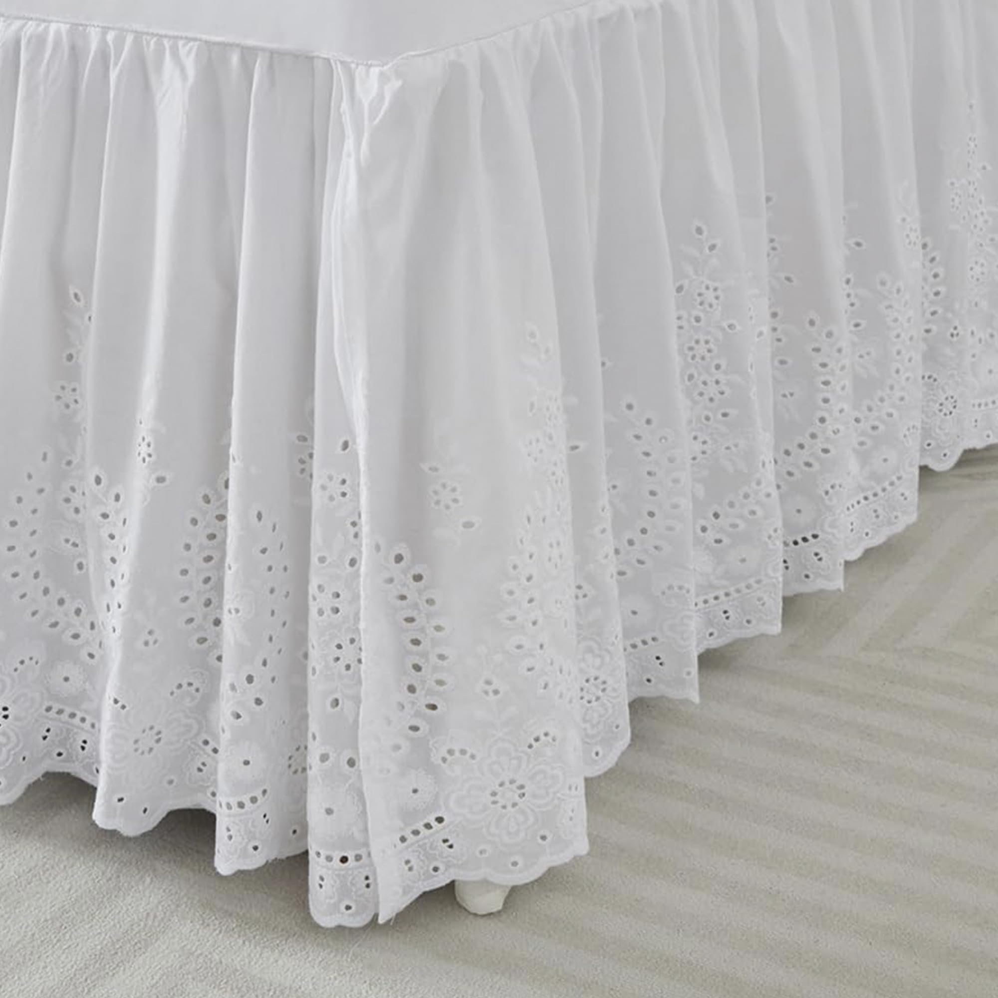 Cotton Lace Crib Bed Skirt with Scalloped Eyelet Ruffles
