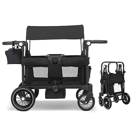 Wagon Stroller for 2 Kids, Foldable Kids Wagon Cart Featuring with Harnesses