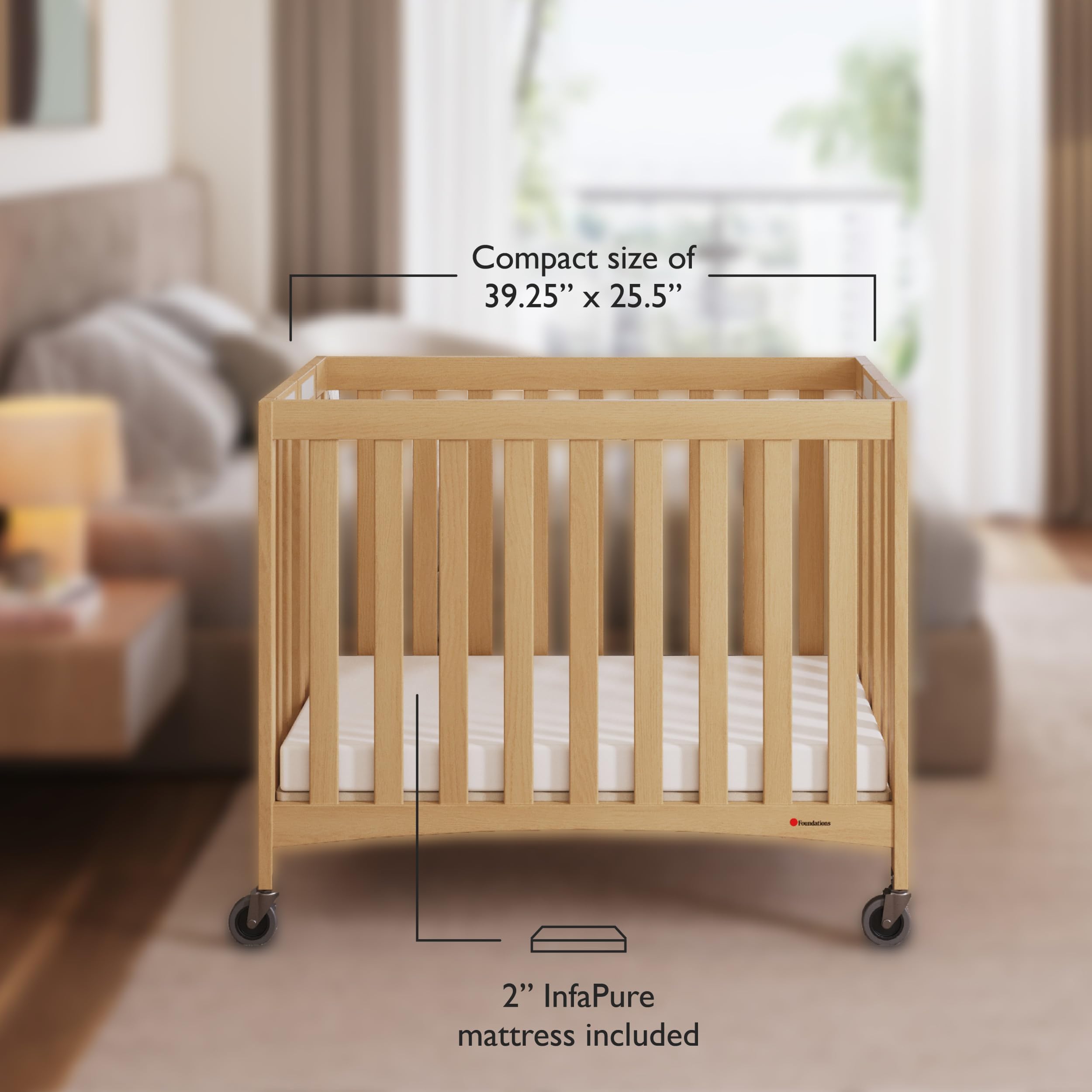 Compact Folding Crib with Foam Mattress and Casters