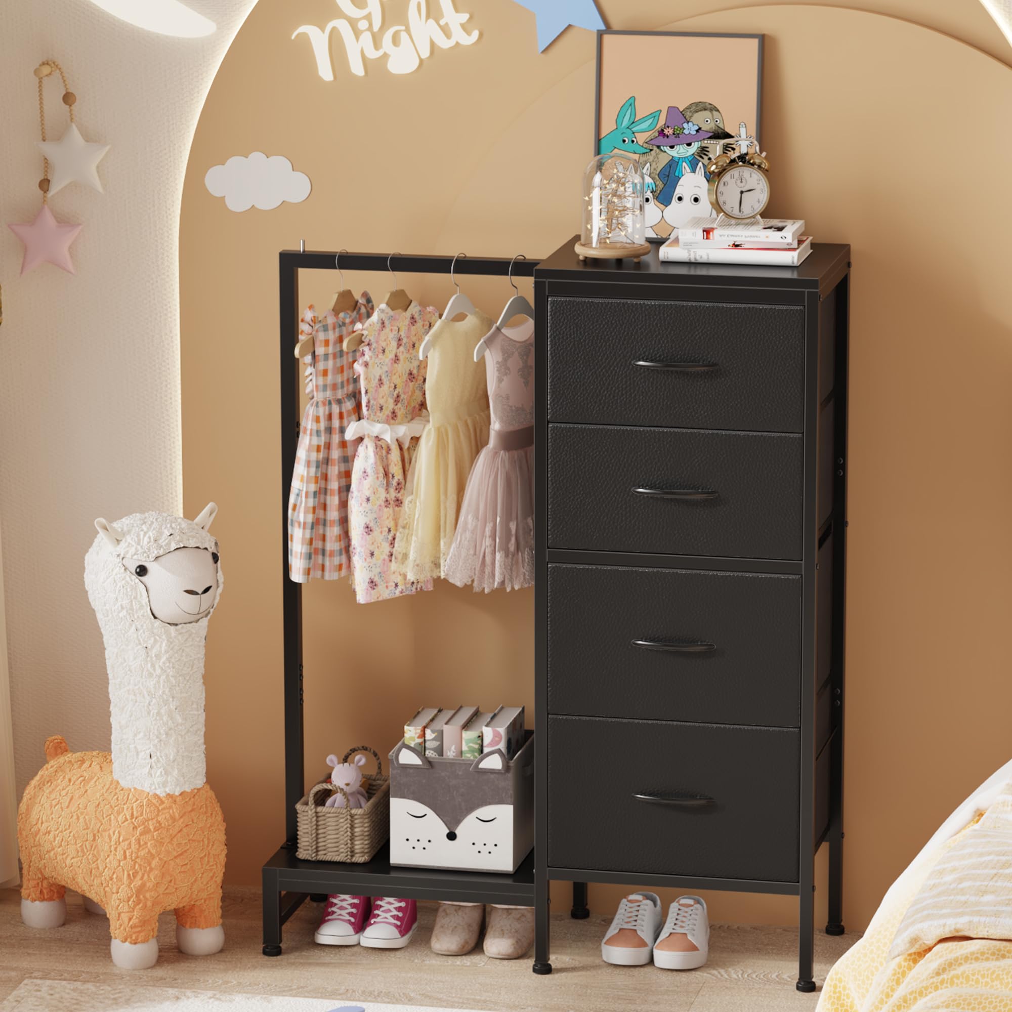 Dresser with Hanging Rack, 4 Drawers Small Closet for Bedroom