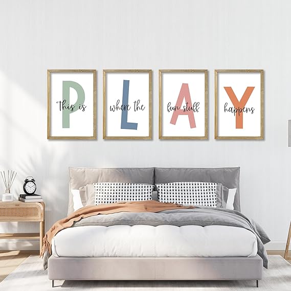The Fun Stuff Happens Kids Playroom Wall Art Decor 16x11 Inch Set