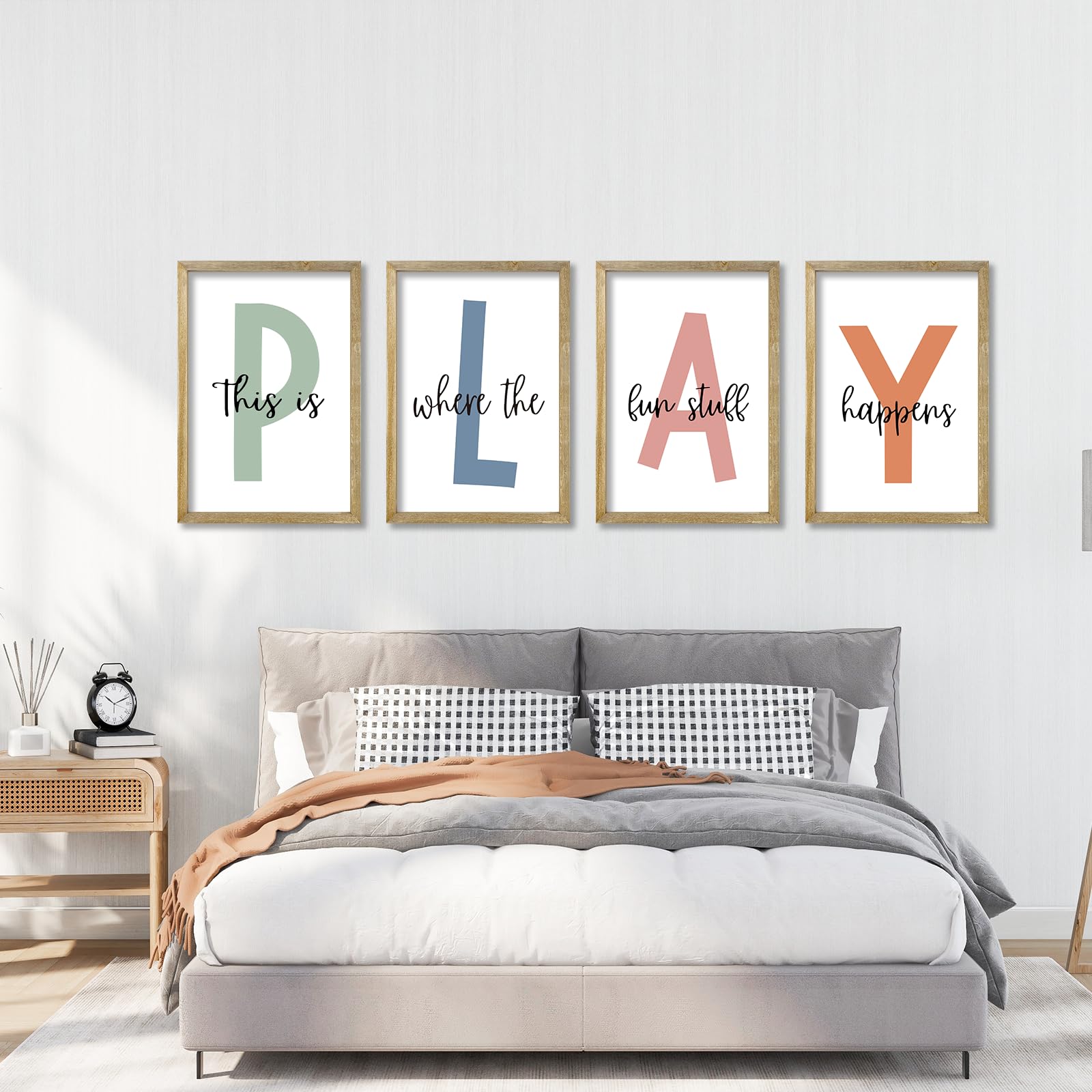 Kids Playroom Wall Art Decor Rustic Wood Framed Sign Set of 4