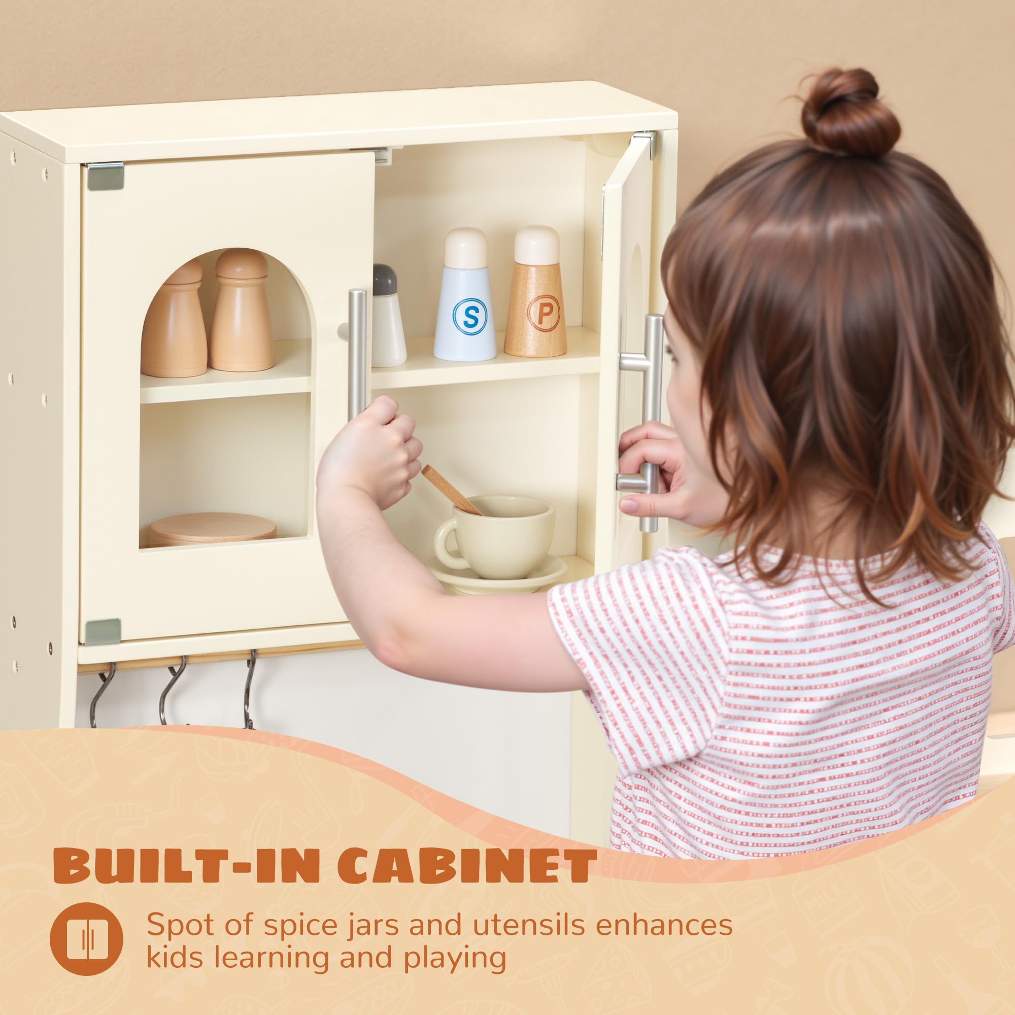 PHGLL Play Kitchen for Kids Wooden Toy Playset with Storage System, Chef Pretend Play Set with Oven, Utensils, Cupboard, Sink, Clicking Knobs, Toddler Kitchen Play for Ages 3+