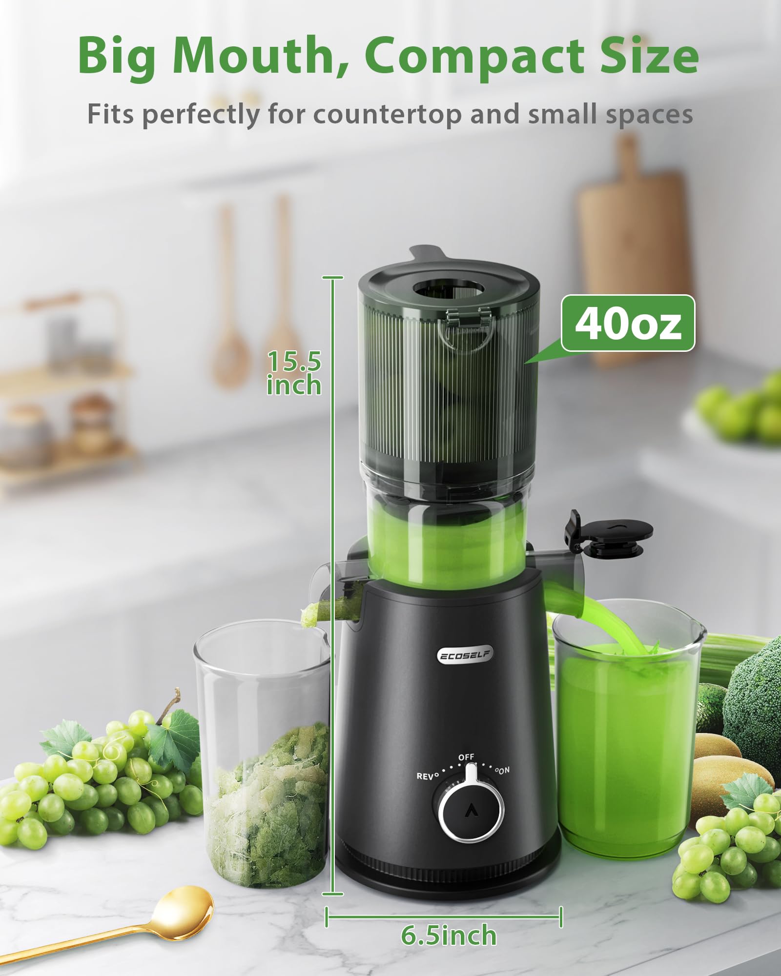 ECOSELF Juicer Machines with Wide Mouth & Large Feed Chute, Professional Cold Press Juicer For Whole Fruits & Vegetables, Self Feeding for Juice Extractor Machine, Easy to Clean, High Juice Yield