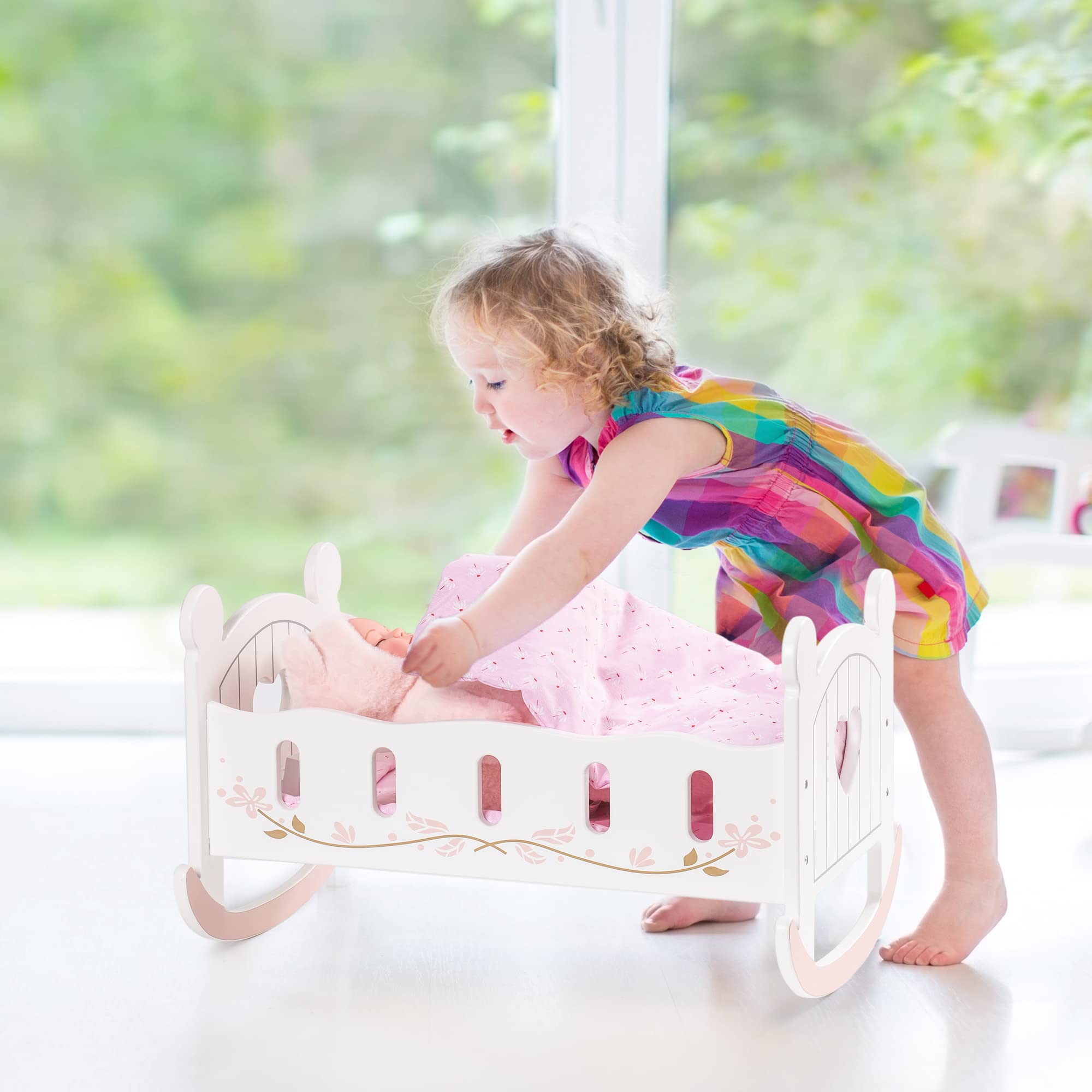 Wooden Doll Cradle Rocking Crib with Bedding Set
