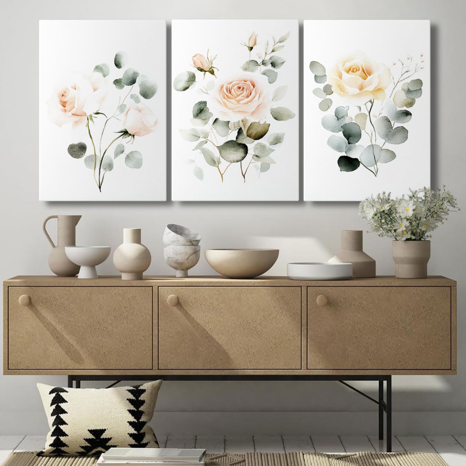Wildflower Canvas Wall Art Set of 3 Watercolor Floral Prints