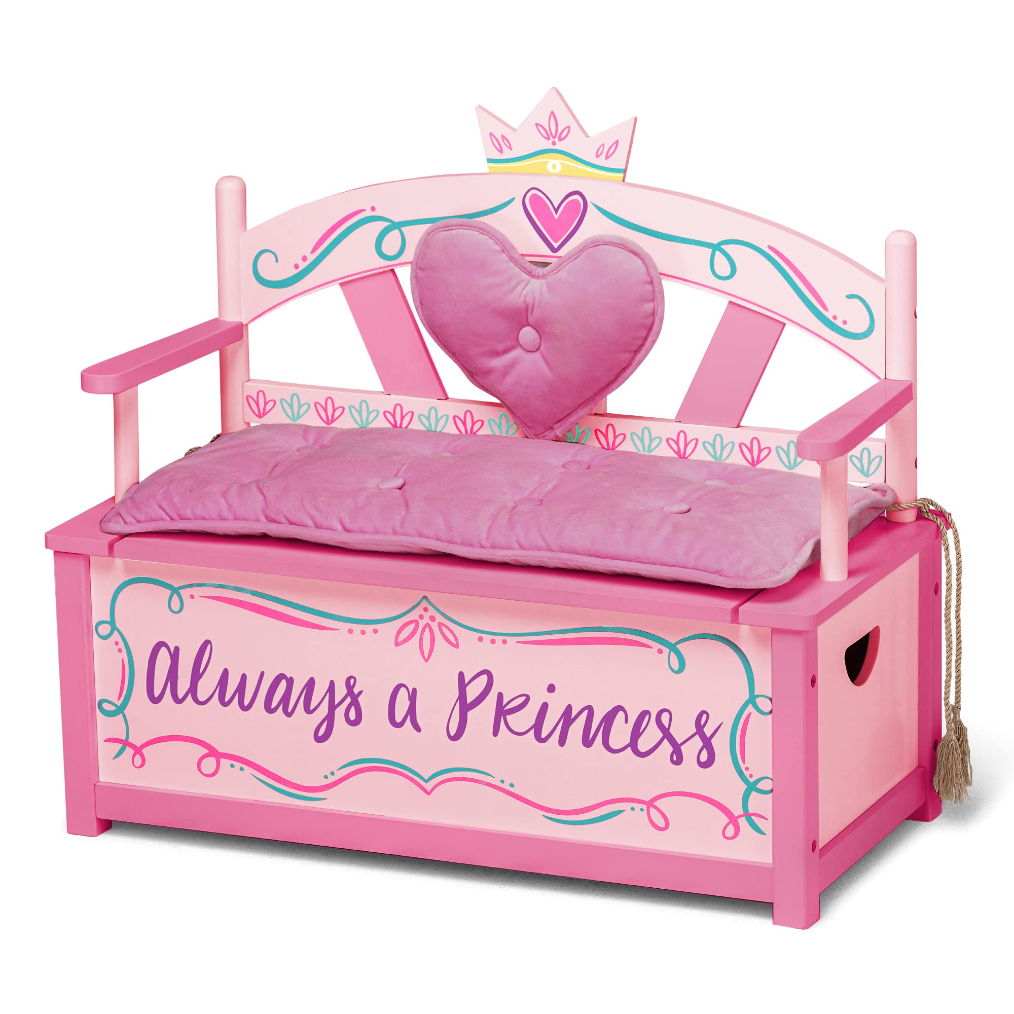 Princess Wooden Storage Bench with Padded Cushion and Safety Hinge
