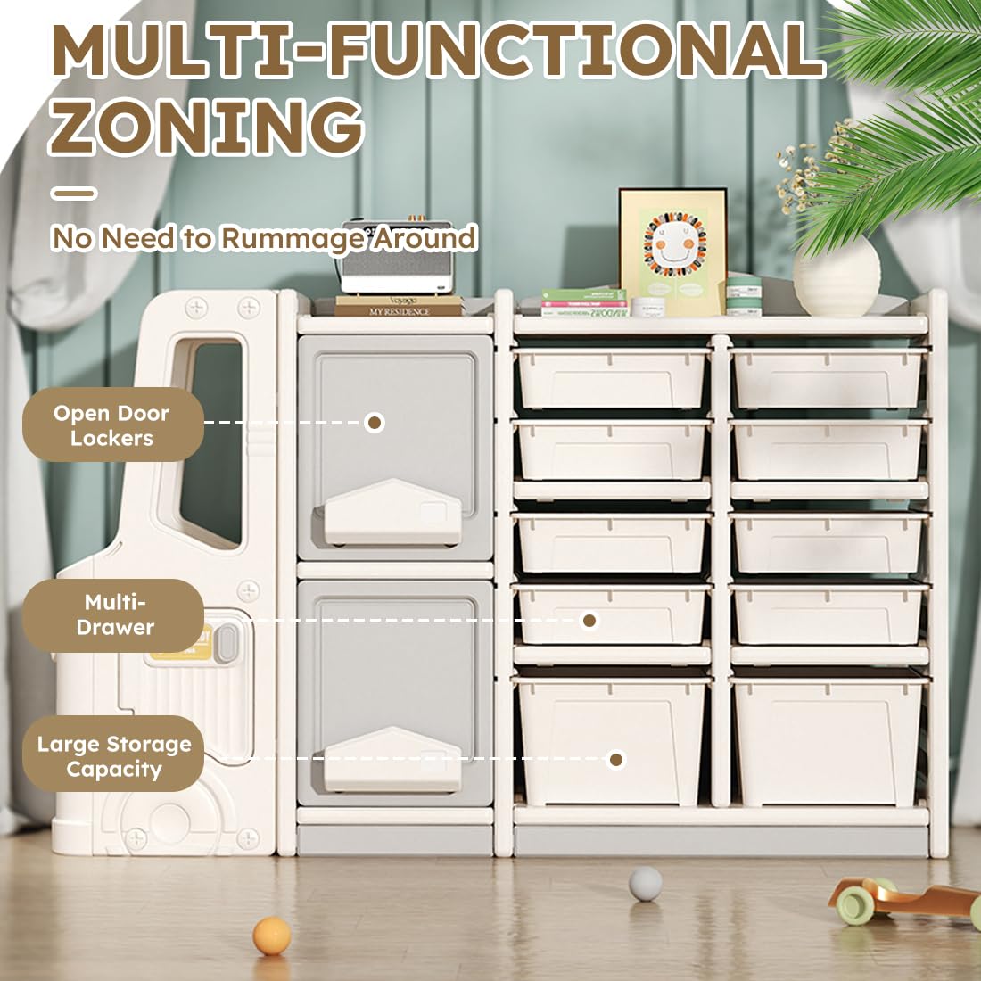 Kids Toy Organizer Multi-Functional Storage Bookshelf with Bins and Cabinets