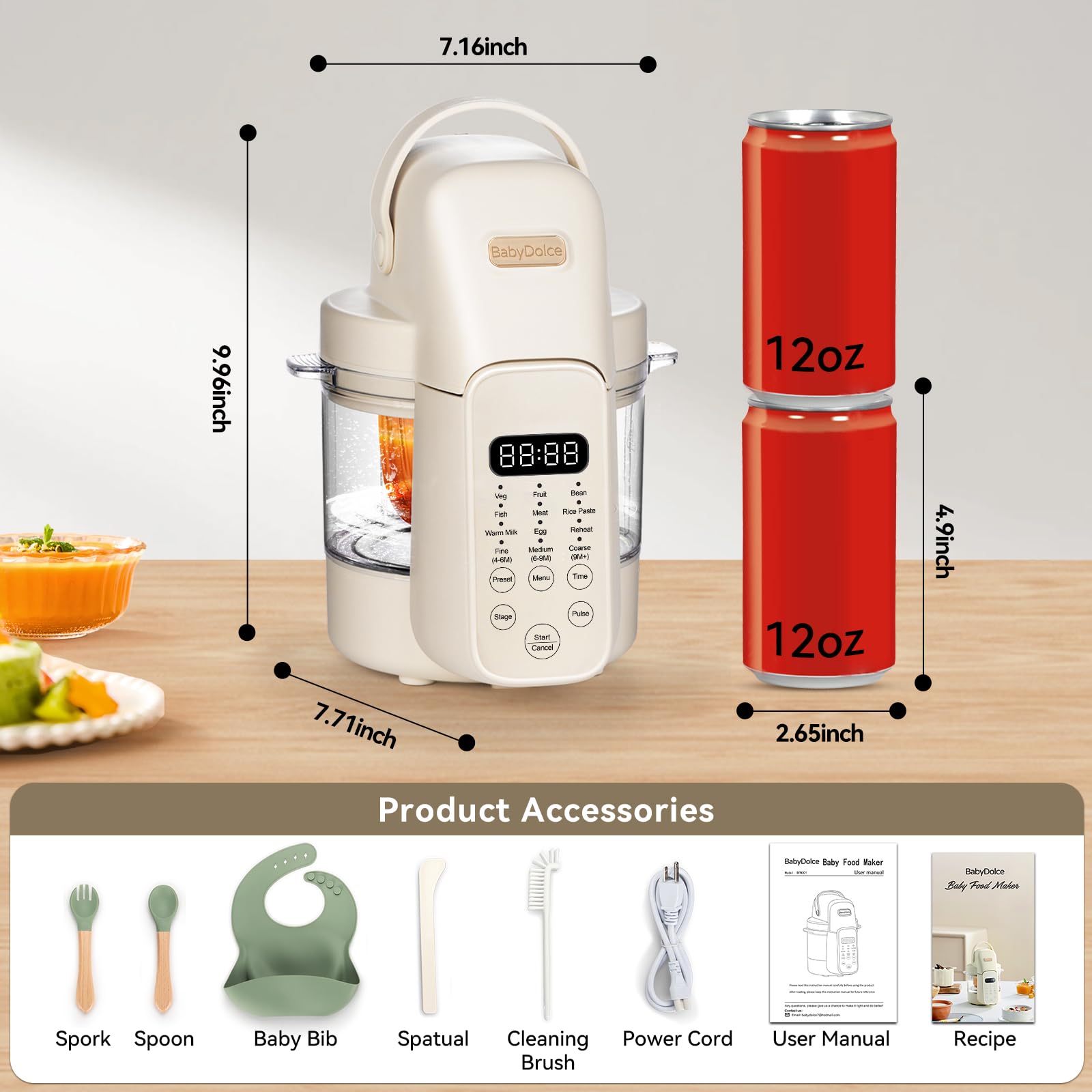 Baby Dolce Baby Food Maker, 9 in 1 Glass Baby Food Processor Steamer Puree Blender with 6 Blades, One Step Cook Grinding, Touch Screen Control, Multifunctional Blender with 24h Timer, Dishwasher Safe