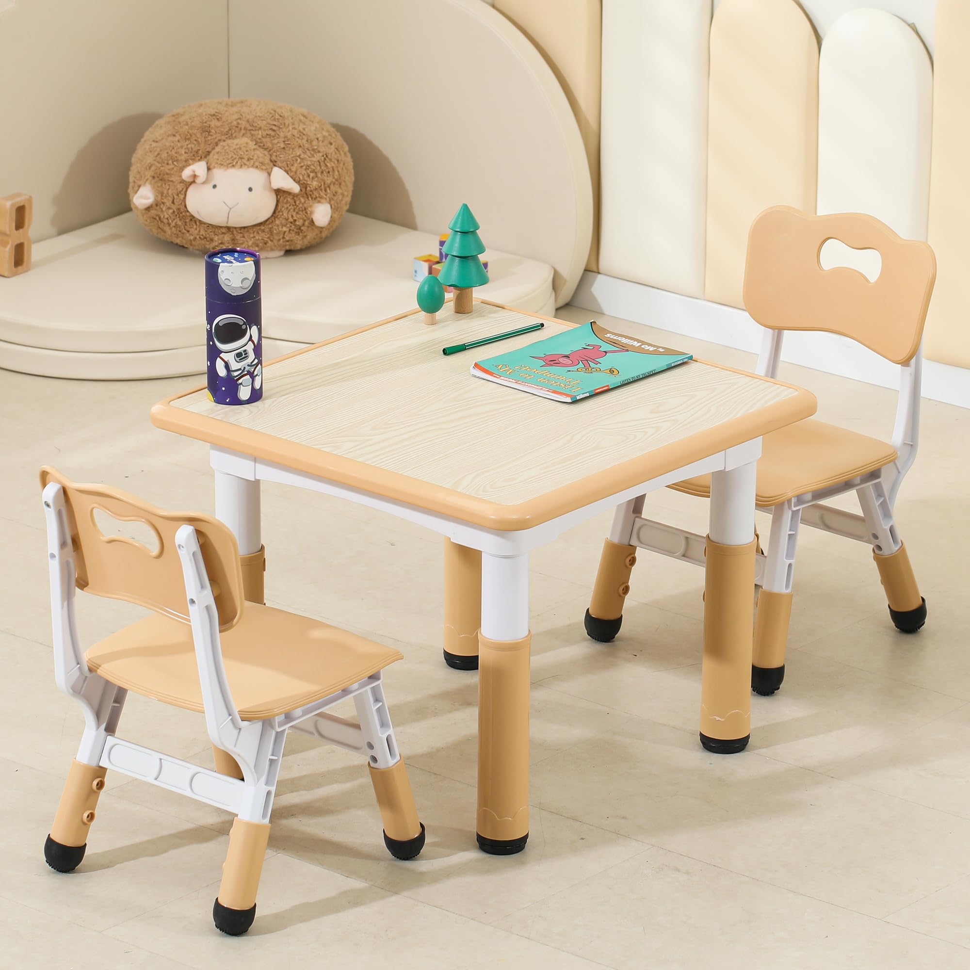 MWBrown-2chairs Kids Table and Chairs, Height-Adjustable Toddler Table and Chair Set