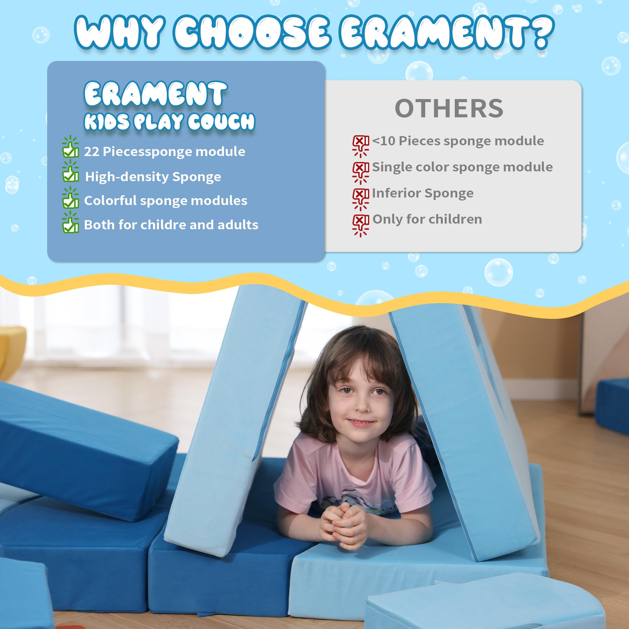 22-Piece Modular Kids Play Couch - Ocean Theme Convertible Furniture Set