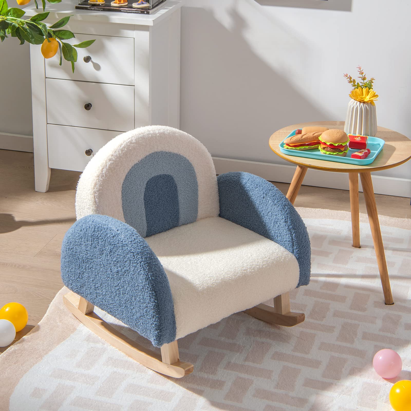 Kids Blue Rocking Chair with Solid Wood Frames, Plush Fabric