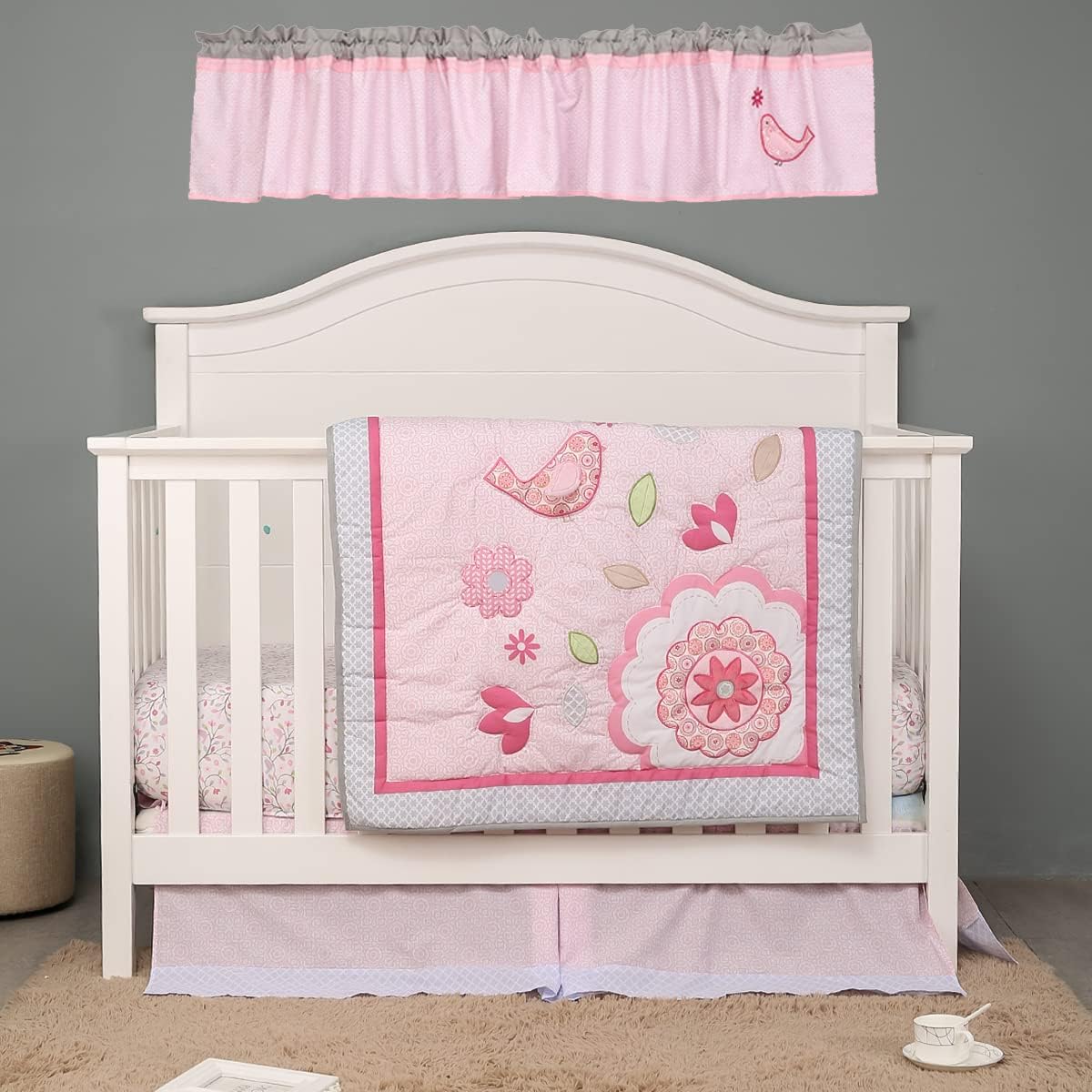Pink Floral Happy Birds Nursery Bedding Set 4 PCs Embroidered Flowers Birds Bedding Crib Set Quilt + Fitted Sheet + Skirt + Window Valance (4 PCs Bedding Set)