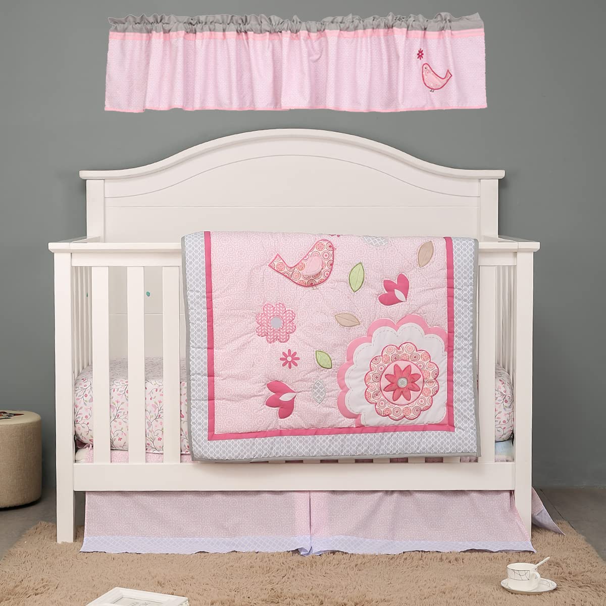 Pink Floral Happy Birds Nursery Bedding Set 4 PCs Embroidered Flowers Birds Bedding Crib Set Quilt + Fitted Sheet + Skirt + Window Valance (4 PCs Bedding Set)