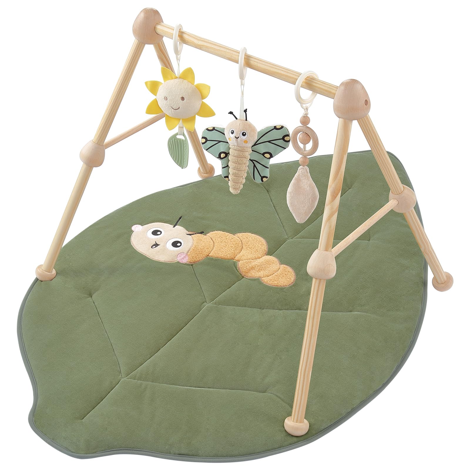 4-in-1 Wooden Baby Play Gym & Activity Mat, Soft Cotton Tummy Time Mat